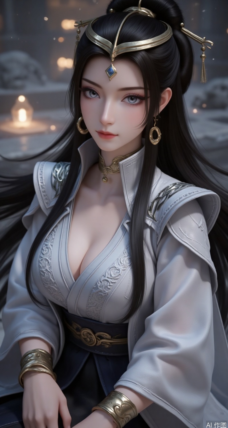 lvjing,baoshi,wenfuren,black hair,grey eyes,long hair,headpiece,jewelry,earrings,1girl,solo,breasts,jewelry,earrings,shirt,looking at viewer,cleavage,white shirt,blurry,blurry background,medium breasts,realistic,lips,collared shirt,upper body,sleeves rolled up,eyelashes,makeup,hoop earrings,5, (fantasy theme:1.1),mysterious atmosphere,magic scene,best quality,8K resolution,fantasy concept art,movie-level rendering,glowing special effects,soft light filter,silk texture,ambient light reflection,gorgeous silk robe,embroidery pattern,skirt fluttering,long hair dynamic fluttering,exquisite hair accessories classical sense,exquisite decorative patterns,water wave mirror reflection,ground light effect particles floating,mysterious light source diffusing,cold ambient light and warm decorative light contrast,high saturation fantasy tones,thick coated metal texture,celluloid style clear contour,dynamic blur hair strokes,mysterious symbol dark patterns,translucent luminous energy field,air perspective atomization effect.,