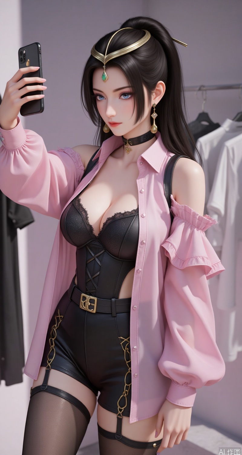 lvjing,baoshi,wenfuren,black hair,grey eyes,long hair,headpiece,jewelry,earrings,1girl,breasts,jewelry,phone,earrings,thighhighs,choker,solo,cleavage,cellphone,black choker,holding phone,bare shoulders,holding,smartphone,shirt,garter straps,black thighhighs,off-shoulder shirt,leotard,frills,selfie,collarbone,off shoulder,pink shirt,long sleeves,cross-laced clothes,standing,clothes hanger,closed mouth,cowboy shot,high-waist shorts,thighs,indoors,large breasts,see-through,shorts,medium breasts, cover,simple background,gradient_background,Close-up details,outstanding style,adding a touch of dimension to your images without compromising details,close-up,