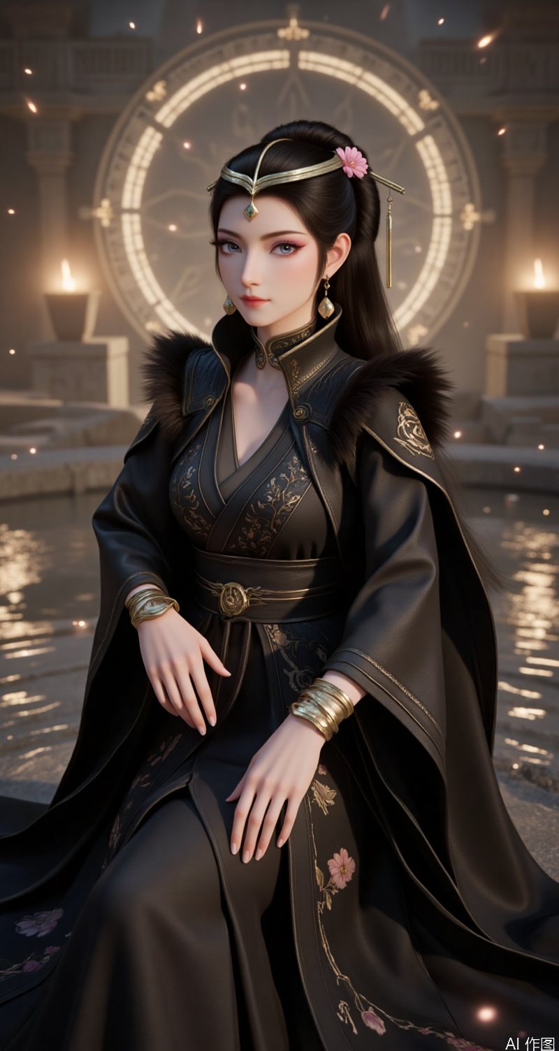 lvjing,baoshi,wenfuren,black hair,grey eyes,long hair,headpiece,jewelry,earrings,1girl,solo,jewelry,earrings,hair ornament,flower,hair flower,full body,looking at viewer,standing,floral print,dress,blurry,long sleeves,blurry background,chinese clothes,black dress,fur trim,alternate costume,5, (fantasy theme:1.1),mysterious atmosphere,magic scene,best quality,8K resolution,fantasy concept art,movie-level rendering,glowing special effects,soft light filter,silk texture,ambient light reflection,gorgeous silk robe,embroidery pattern,skirt fluttering,long hair dynamic fluttering,exquisite hair accessories classical sense,exquisite decorative patterns,water wave mirror reflection,ground light effect particles floating,mysterious light source diffusing,cold ambient light and warm decorative light contrast,high saturation fantasy tones,thick coated metal texture,celluloid style clear contour,dynamic blur hair strokes,mysterious symbol dark patterns,translucent luminous energy field,air perspective atomization effect.,