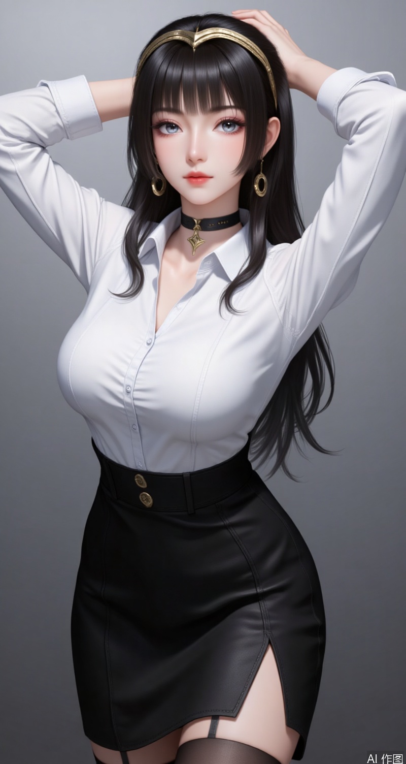 lvjing,baoshi,wenfuren,black hair,grey eyes,long hair,headpiece,jewelry,earrings,1girl,solo,shirt,pencil skirt,skirt,white shirt,black skirt,looking at viewer,collared shirt,collar,thighhighs,long sleeves,arms up,arms behind head,choker,breasts,high-waist skirt,red lips,office lady,lips,standing,cowboy shot,indoors,buttons,black thighhighs,dress shirt,realistic,black choker,cover,simple background,gradient background,close-up details,outstanding style,adding a touch of dimension to your images without compromising details,close-up,