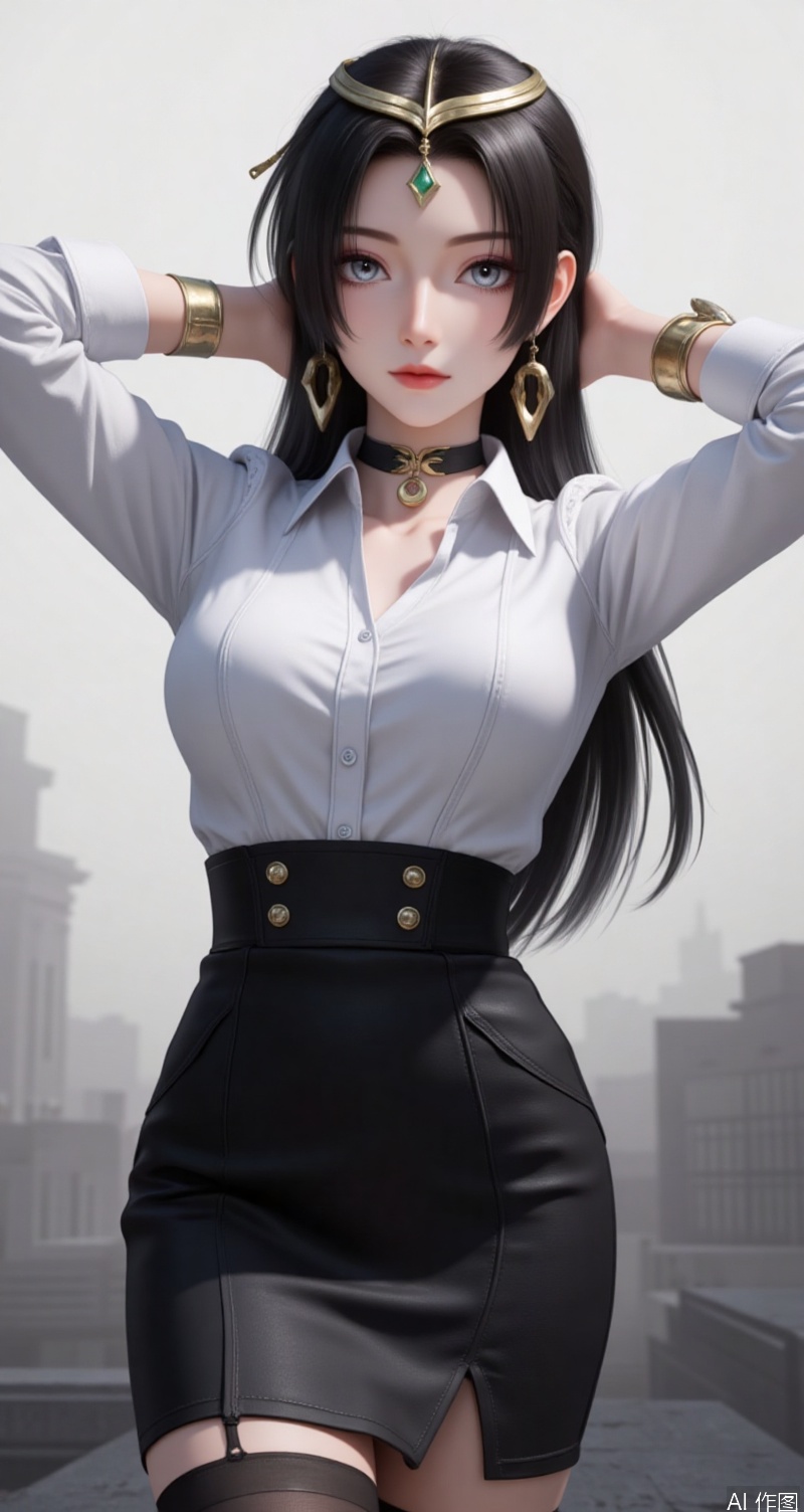 lvjing,baoshi,wenfuren,black hair,grey eyes,long hair,headpiece,jewelry,earrings,1girl,solo,shirt,pencil skirt,skirt,white shirt,black skirt,looking at viewer,collared shirt,collar,thighhighs,long sleeves,arms up,arms behind head,choker,breasts,high-waist skirt,red lips,office lady,lips,standing,cowboy shot,indoors,buttons,black thighhighs,dress shirt,realistic,black choker,cover,simple background,gradient background,close-up details,outstanding style,adding a touch of dimension to your images without compromising details,close-up,