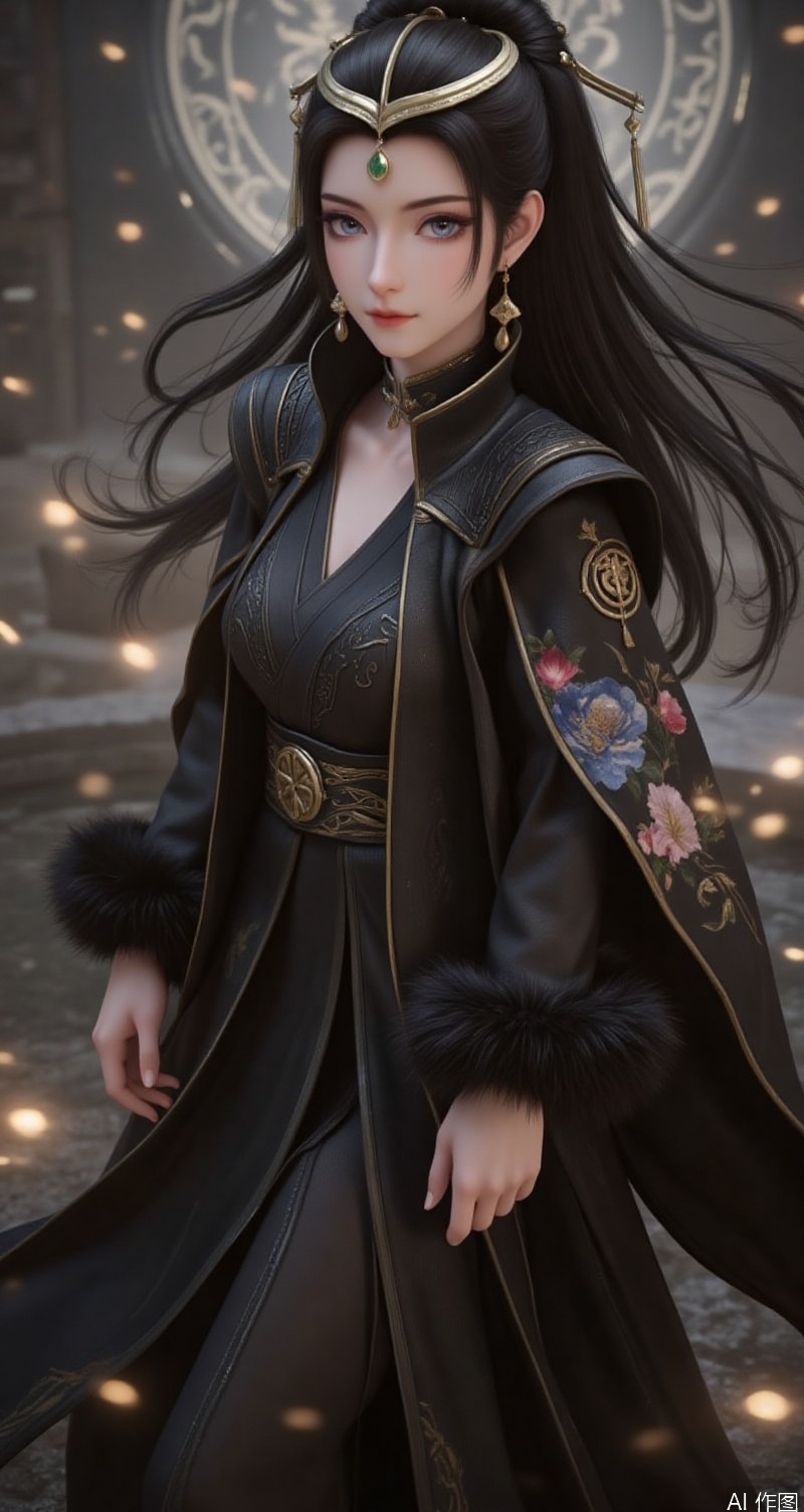 lvjing,baoshi,wenfuren,black hair,grey eyes,long hair,headpiece,jewelry,earrings,1girl,solo,jewelry,earrings,hair ornament,flower,hair flower,full body,looking at viewer,standing,floral print,dress,blurry,long sleeves,blurry background,chinese clothes,black dress,fur trim,alternate costume,5, (fantasy theme:1.1),mysterious atmosphere,magic scene,best quality,8K resolution,fantasy concept art,movie-level rendering,glowing special effects,soft light filter,silk texture,ambient light reflection,gorgeous silk robe,embroidery pattern,skirt fluttering,long hair dynamic fluttering,exquisite hair accessories classical sense,exquisite decorative patterns,water wave mirror reflection,ground light effect particles floating,mysterious light source diffusing,cold ambient light and warm decorative light contrast,high saturation fantasy tones,thick coated metal texture,celluloid style clear contour,dynamic blur hair strokes,mysterious symbol dark patterns,translucent luminous energy field,air perspective atomization effect.,