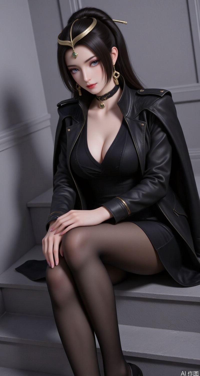 lvjing,baoshi,wenfuren,black hair,grey eyes,long hair,headpiece,jewelry,earrings,1girl,breasts,stairs,solo,pantyhose,sitting,high heels,cleavage,jewelry,black footwear,jacket,earrings,large breasts,looking at viewer,black jacket,open jacket,dress,full body,collarbone,open clothes,black dress,black pantyhose,knees together feet apart,forehead,sitting on stairs,long sleeves,lips,indoors,makeup,closed mouth,legs,cover,simple background,gradient_background,Close-up details,outstanding style,adding a touch of dimension to your images without compromising details,close-up,long legs