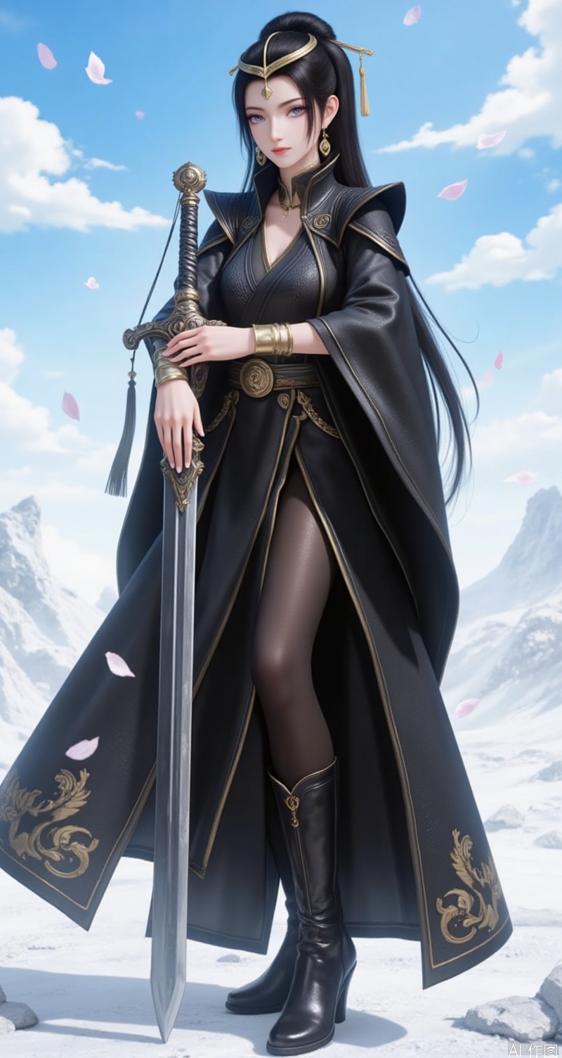 lvjing,baoshi,,wenfuren,a beautiful daughter,black hair,grey eyes,gold necklace and earrings,gold headwear,long hair,dressed in black,black footwear,holding a fine sword,sword,standing,boots,the background is blue sky and white clouds,a large number of petals floating in the air,white_theme,full body,
cover,simple background,gradient background,close-up details,outstanding style,adding a touch of dimension to your images without compromising details,close-up,long legs