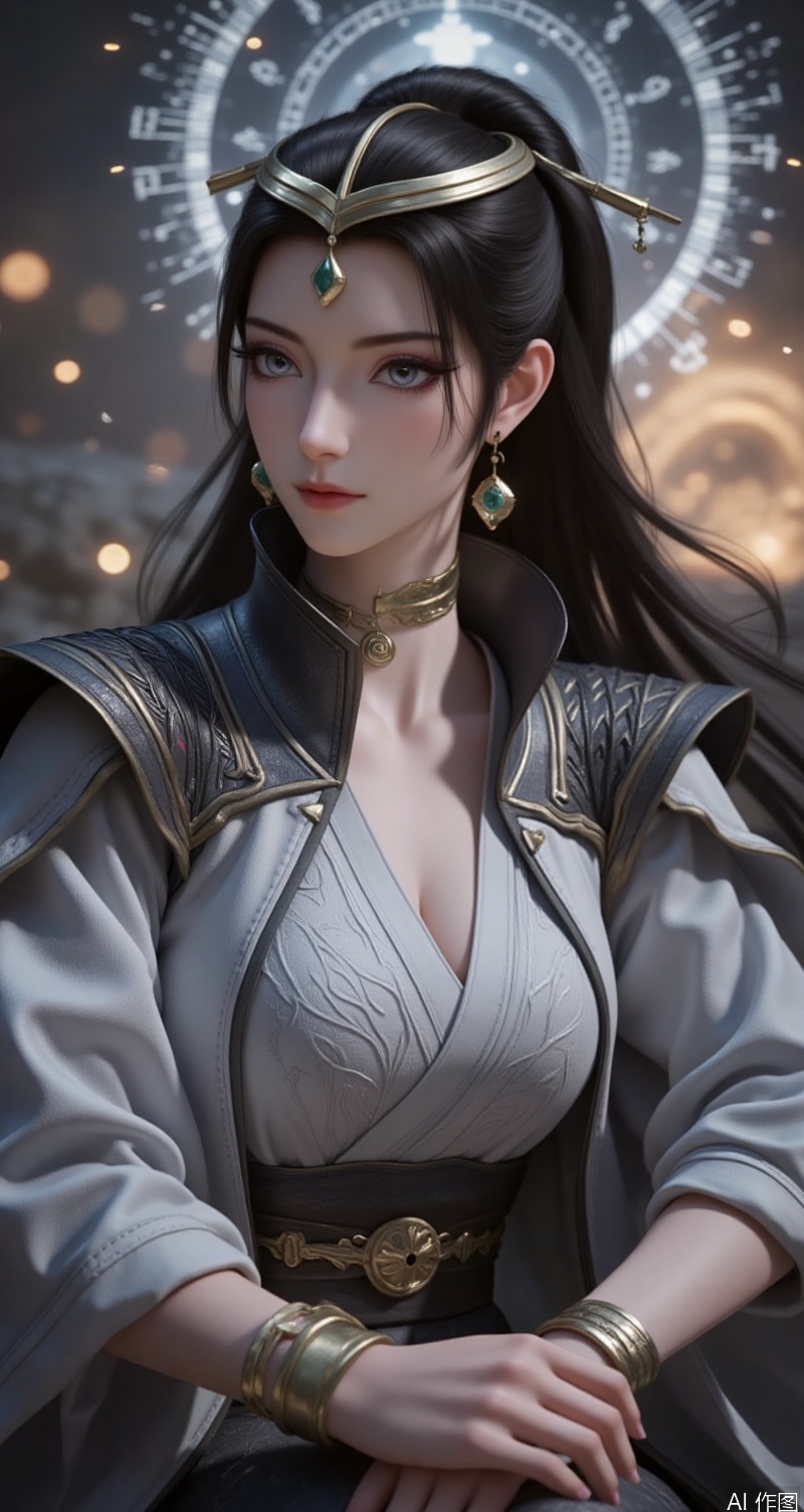 lvjing,baoshi,wenfuren,black hair,grey eyes,long hair,headpiece,jewelry,earrings,1girl,solo,breasts,jewelry,earrings,shirt,looking at viewer,cleavage,white shirt,blurry,blurry background,medium breasts,realistic,lips,collared shirt,upper body,sleeves rolled up,eyelashes,makeup,hoop earrings,5, (fantasy theme:1.1),mysterious atmosphere,magic scene,best quality,8K resolution,fantasy concept art,movie-level rendering,glowing special effects,soft light filter,silk texture,ambient light reflection,gorgeous silk robe,embroidery pattern,skirt fluttering,long hair dynamic fluttering,exquisite hair accessories classical sense,exquisite decorative patterns,water wave mirror reflection,ground light effect particles floating,mysterious light source diffusing,cold ambient light and warm decorative light contrast,high saturation fantasy tones,thick coated metal texture,celluloid style clear contour,dynamic blur hair strokes,mysterious symbol dark patterns,translucent luminous energy field,air perspective atomization effect.,