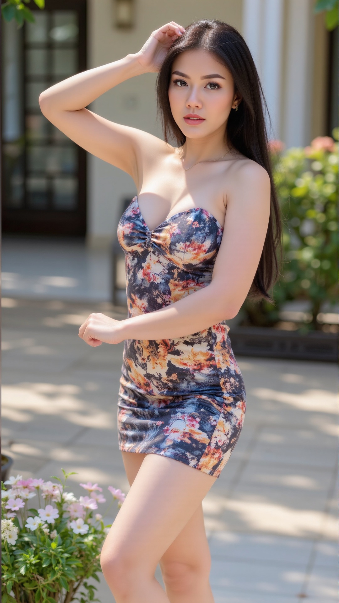 a seductive young indonesian woman wearing seductive sensual sexy bright slutty micro dress with deep cleavage. She is pos...