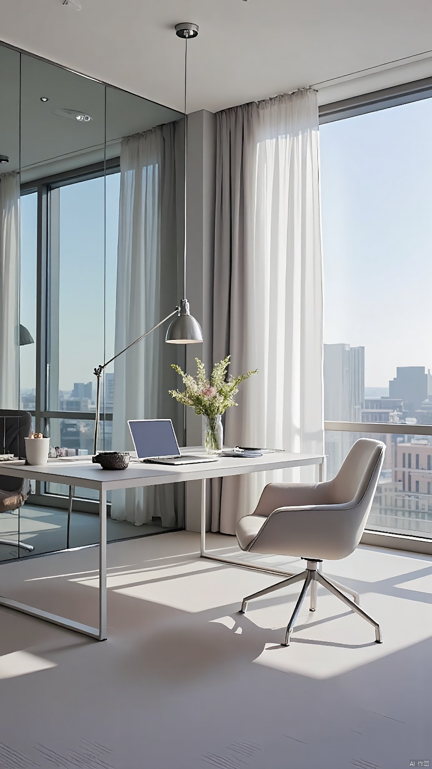SNSJ, incorporating a floating desk, sleek modern chairs, minimalist tech gadgets, transparent glass partitions, a panoramic window with sheer blinds, abundant daylight, cool gray walls, clean lines, modern home office, productive workdays, tech-savvy minimalism, crisp efficiency.