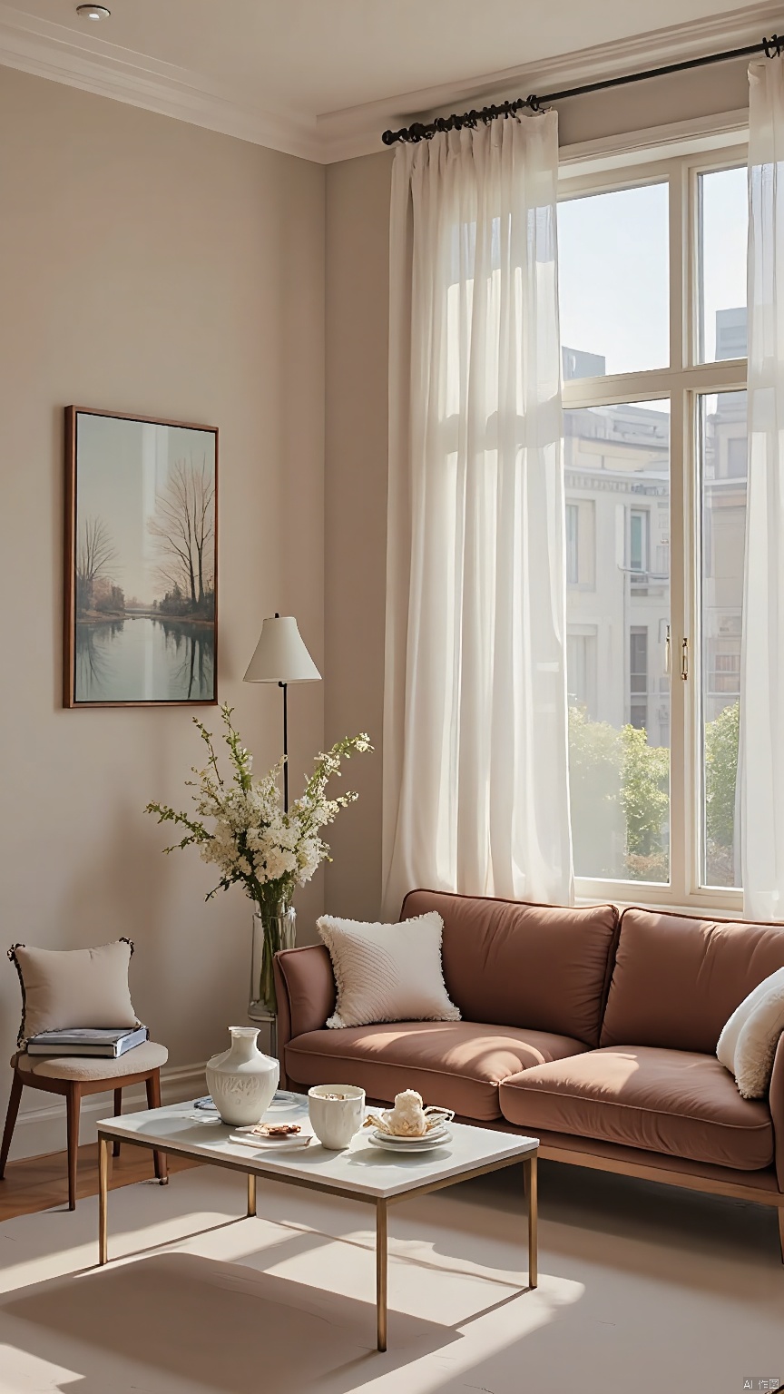 SNSJ, featuring velvet sofa sets, marble coffee tables, vintage ceramic vases, abstract canvas paintings, a floor-to-ceiling window with lace curtains, soft natural light, muted beige walls, elegant curves, cozy reading nook, afternoon tea, rustic chic, warm glow.