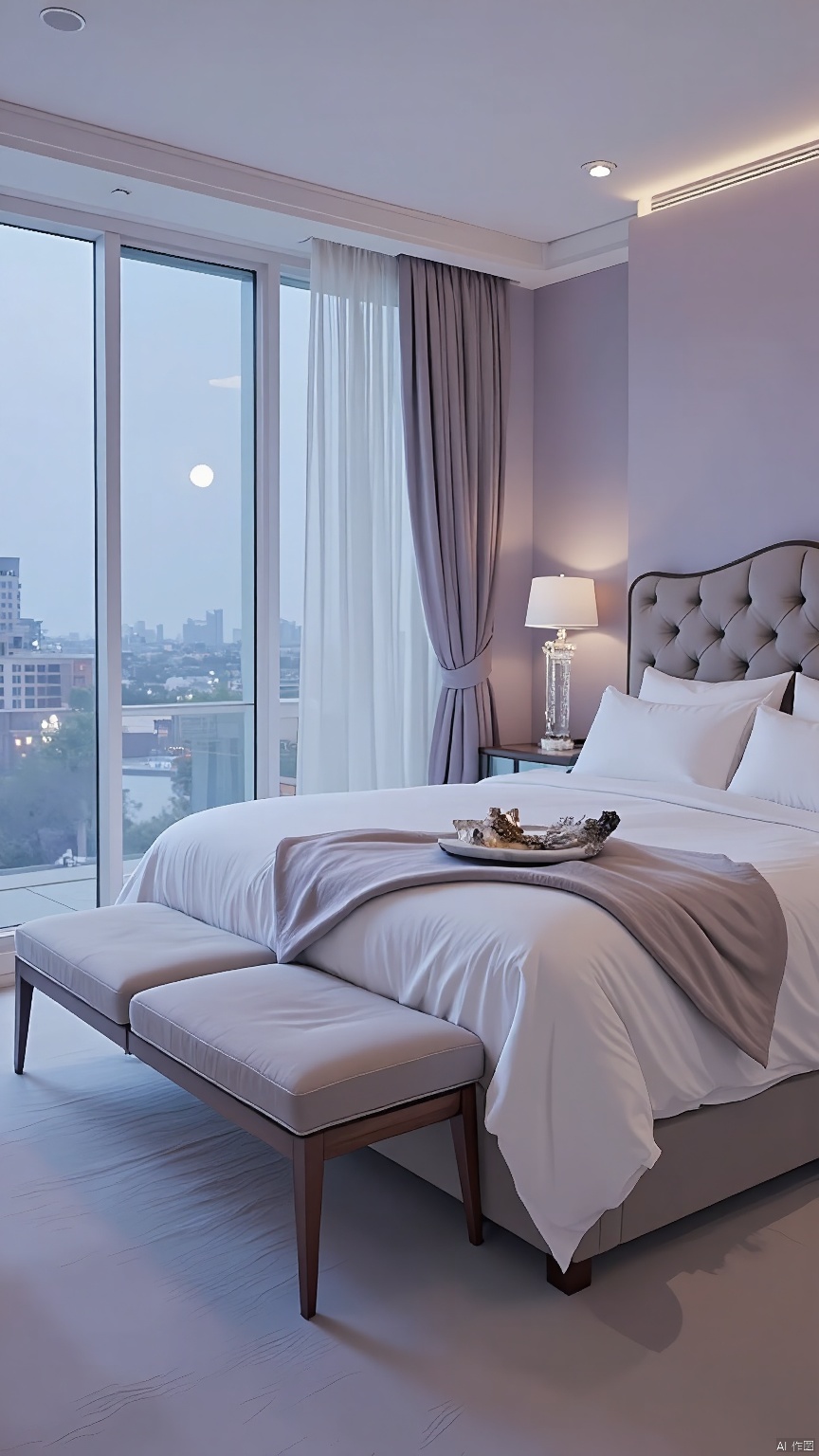 SNSJ, featuring a king-sized bed, tufted headboard, plush bedding, crystal sconces, a floor-to-ceiling window with sheer curtains, soft moonlight, calming lavender walls, luxurious fabrics, serene bedroom, peaceful nights, luxury boutique, tranquil retreat.