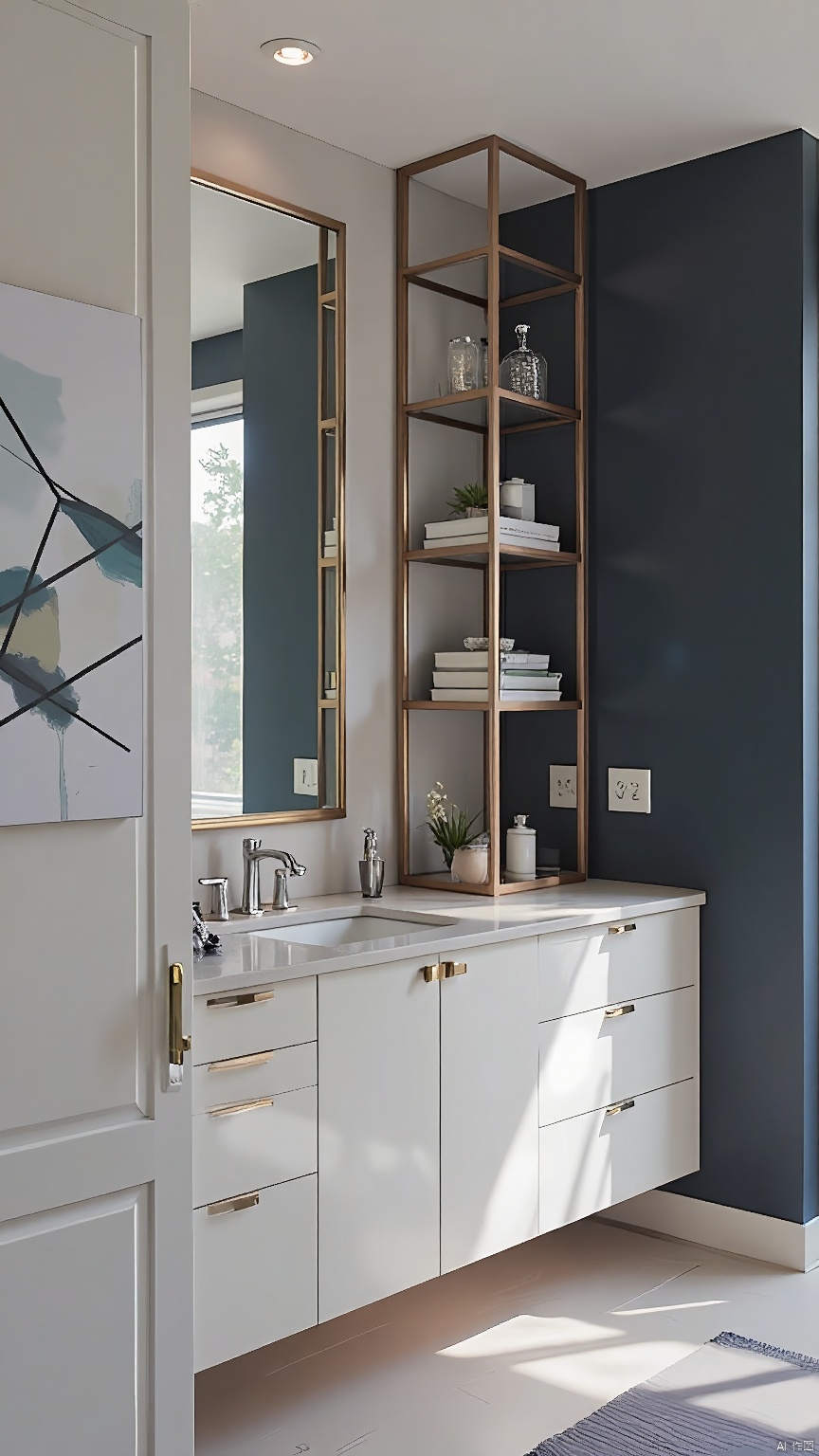 SNSJ, incorporating high-gloss cabinets, chrome hardware, geometric wall art, glass-enclosed bookshelves, a floor-length mirror with frame, abundant artificial light, deep navy walls, sleek angles, luxurious bathroom, morning routines, contemporary minimalism, crisp precision.