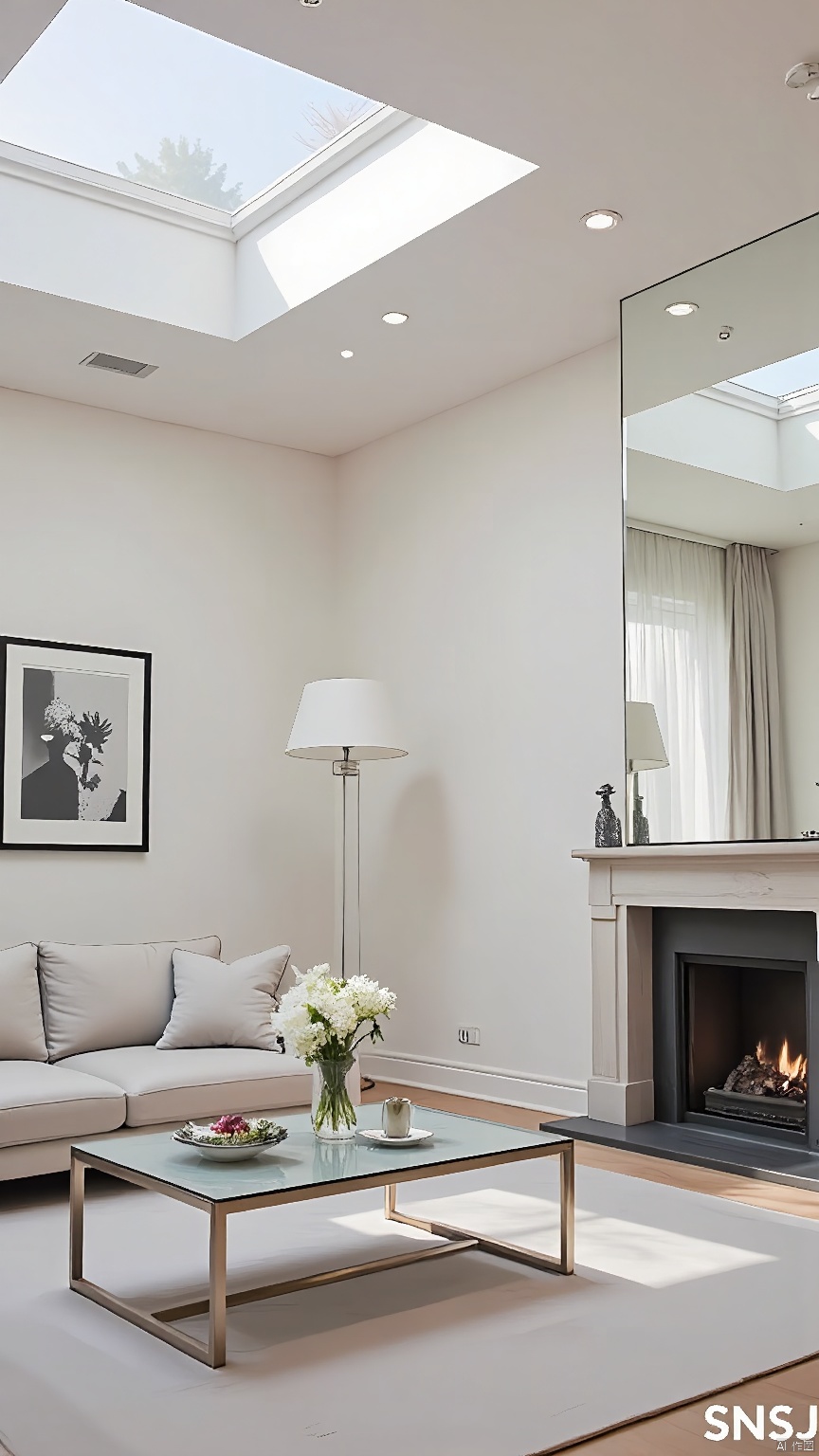 SNSJ, showcasing glass-topped side tables, brushed nickel lighting, monochrome photography, sleek mirrored walls, a skylight with sheer shades, abundant natural light, crisp white walls, modern lines, chic living room, late-night gatherings, contemporary glam, sharp reflections.