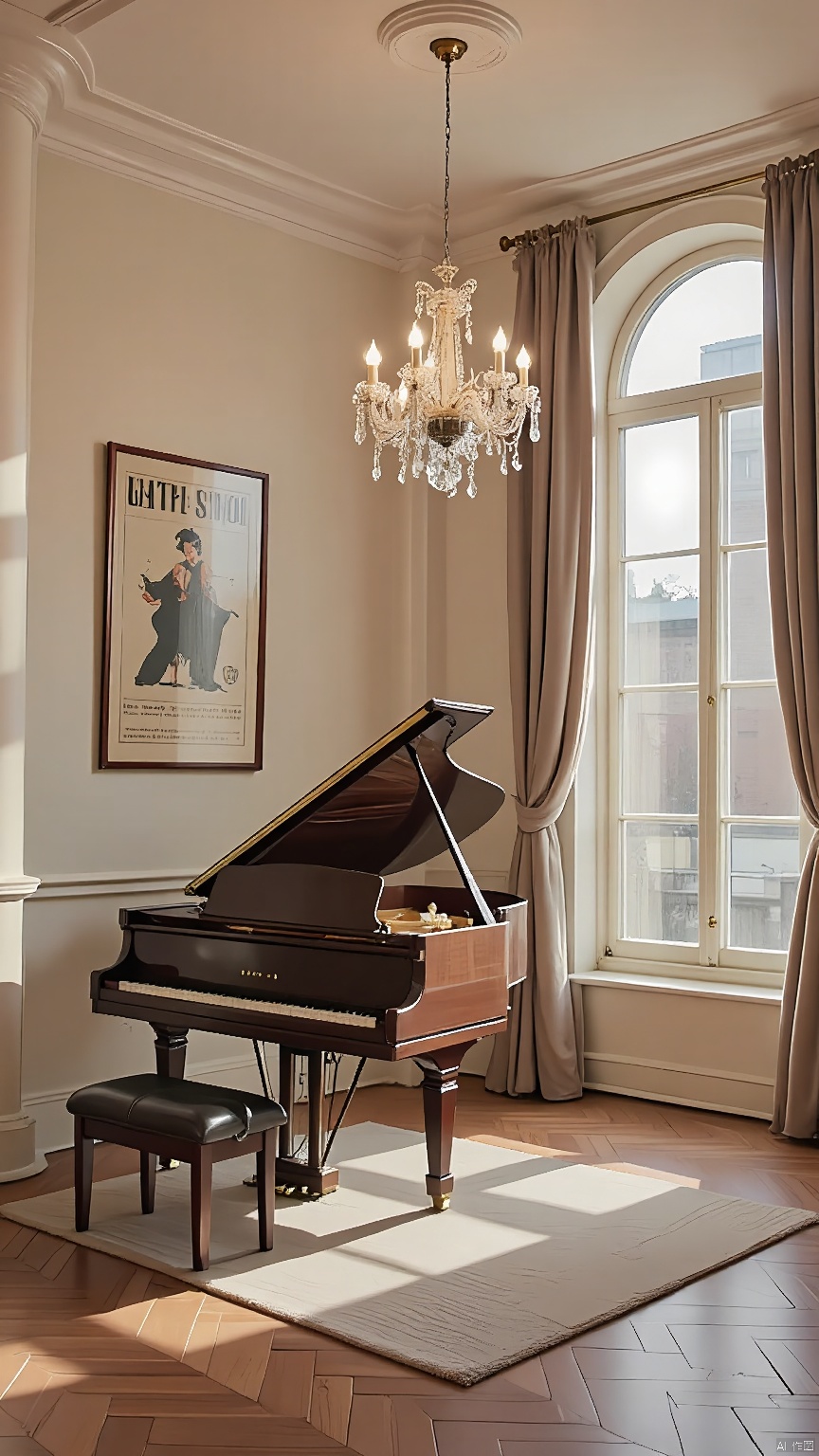 SNSJ, featuring a grand piano, polished wood floors, vintage music posters, crystal chandeliers, a tall window with heavy drapes, warm golden light, creamy white walls, elegant curves, sophisticated music room, evening concerts, classic elegance, rich harmony.