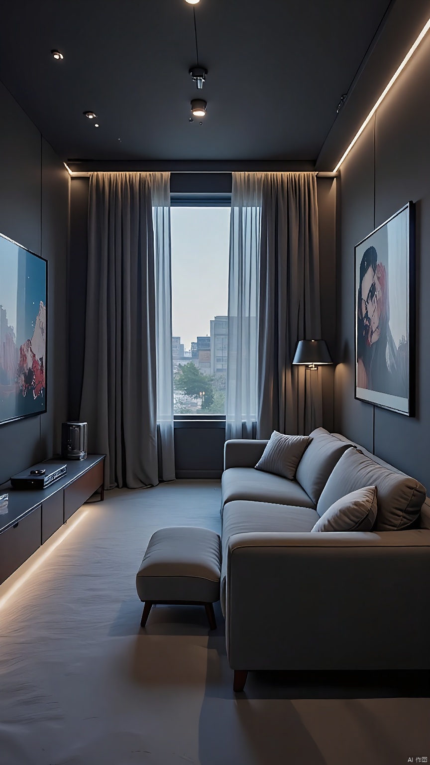 SNSJ, showcasing a home theater, luxury seating, surround sound system, modern art installations, a large window with blackout curtains, ambient lighting, deep velvet walls, sleek contours, sophisticated entertainment space, movie nights, luxury modern, immersive experience.