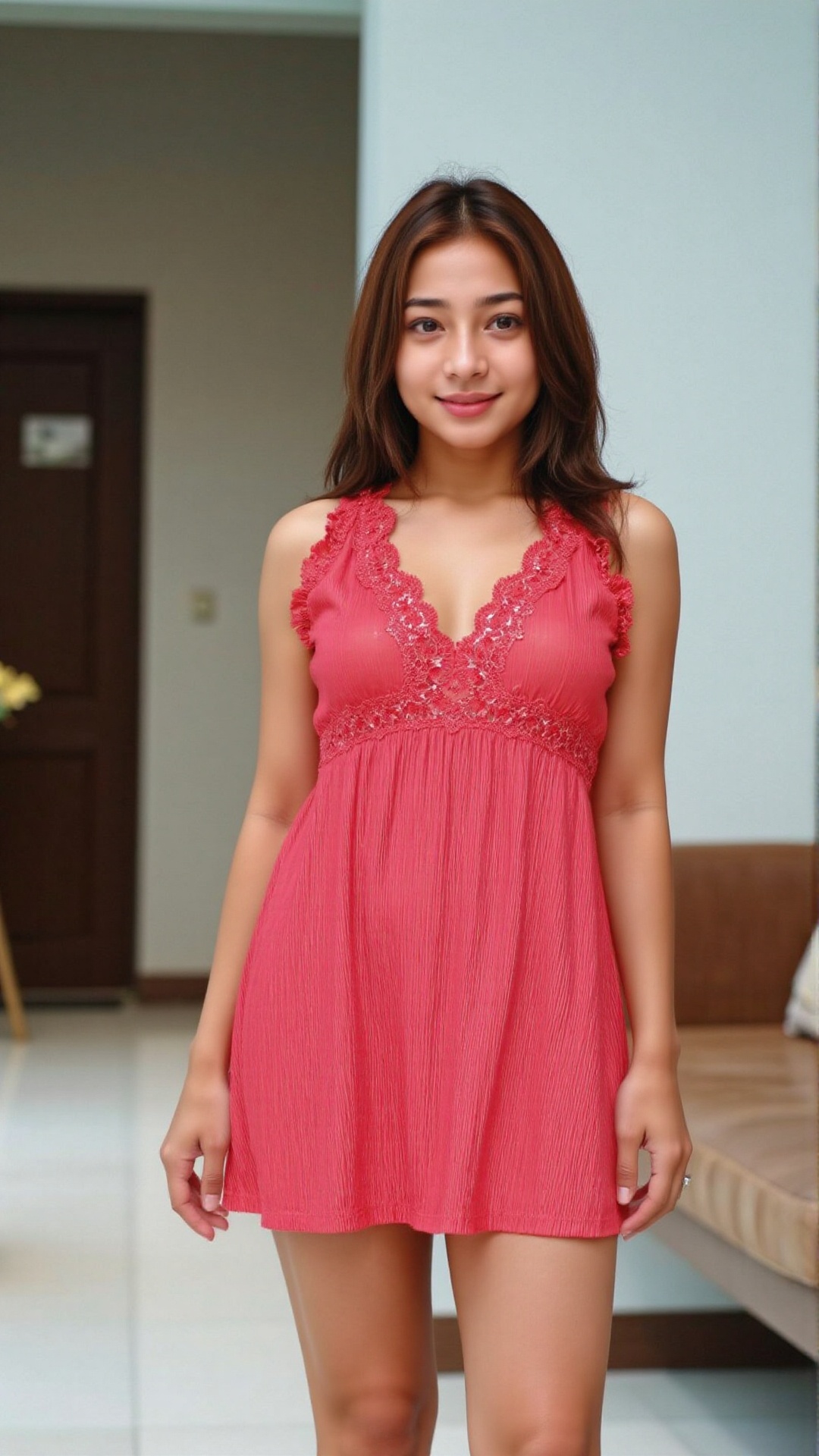 a seductive **** indonesian girl wearing seductive sensual sexy bright slutty micro dress with deep cleavage. She is posin...