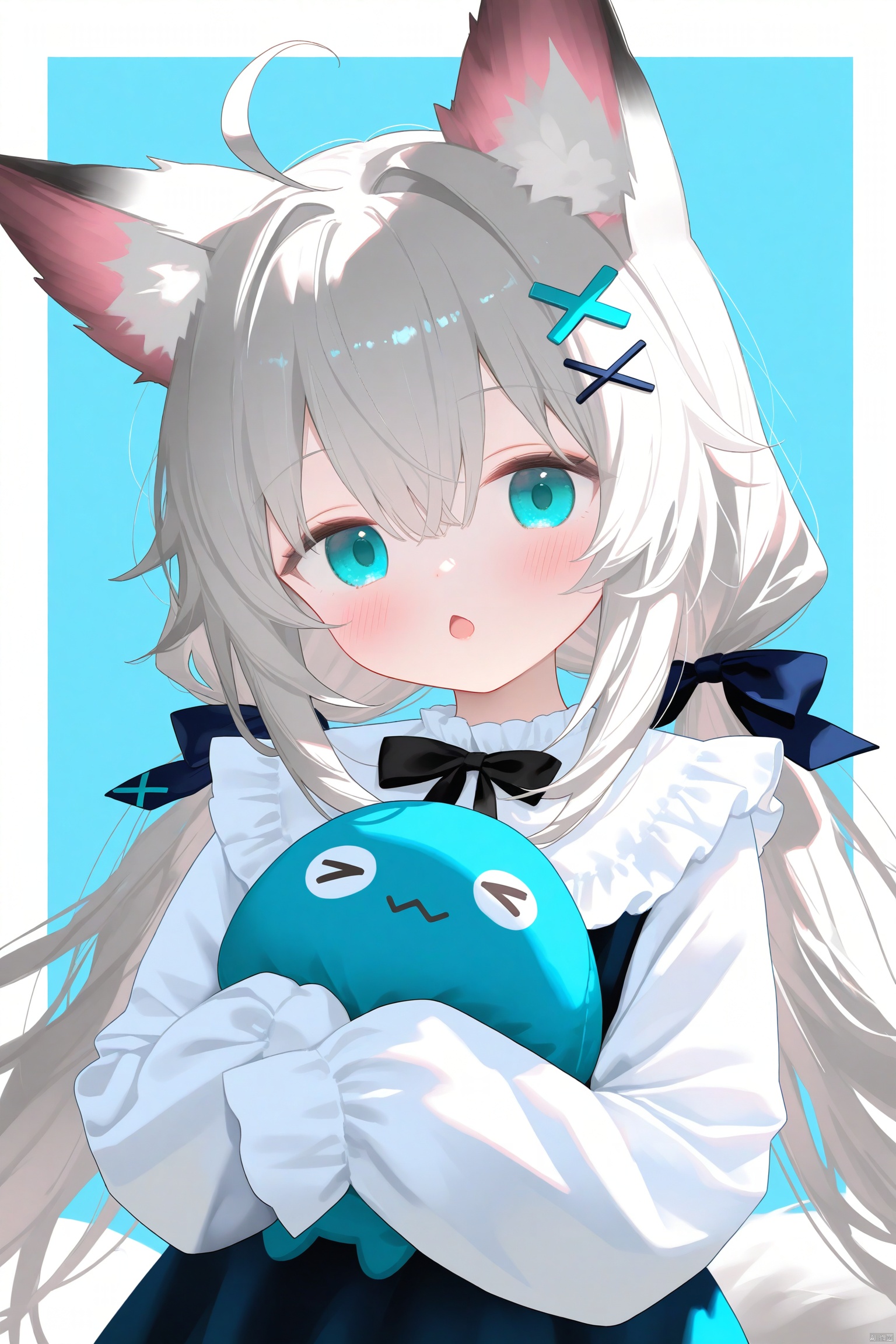 1girl, animal ears, hair ornament, white hair, blue eyes, long hair, sleeves past fingers, sleeves past wrists, tail, bow, ahoge, looking at viewer, x hair ornament, twintails, low twintails, animal ear fluff, solo, blush, long sleeves, hair bow, fox ears, blue bow, :o, fox girl, upper body, shirt, white shirt, hugging object, blue background, fox tail, parted lips, chestnut mouth, open mouth, hair between eyes, >_<, dress, black bow, simple background, two-tone background, white background, very long hair, open clothes, white border, sidelocks, border, frilled sleeves, grey hair, aqua eyes, hairclip, hair intakes, frills, dot nose, stuffed toy, virtual youtuber