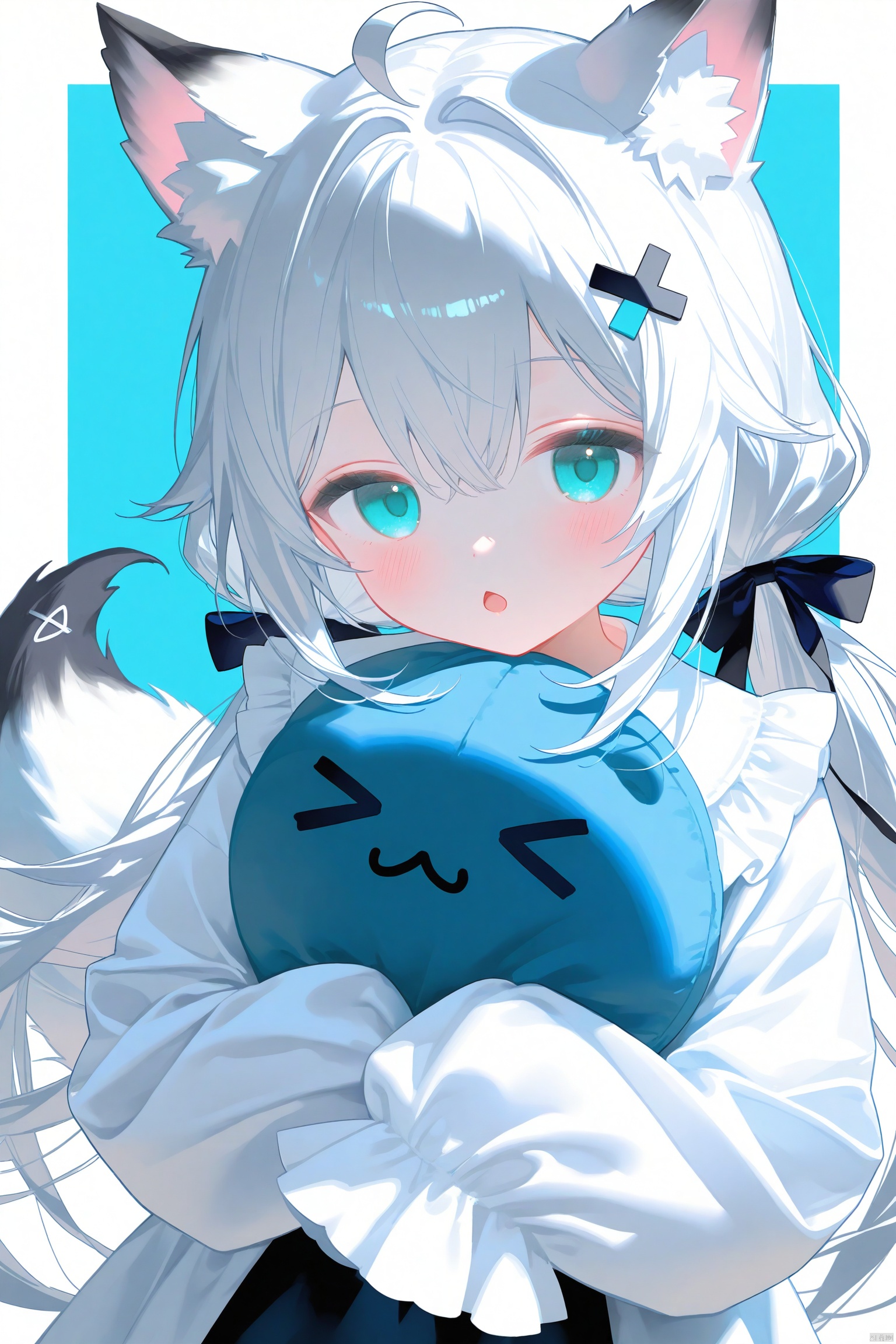 eperouge,1girl, animal ears, hair ornament, white hair, blue eyes, long hair, sleeves past fingers, sleeves past wrists, tail, bow, ahoge, looking at viewer, x hair ornament, twintails, low twintails, animal ear fluff, solo, blush, long sleeves, hair bow, fox ears, blue bow, :o, fox girl, upper body, shirt, white shirt, hugging object, blue background, fox tail, parted lips, chestnut mouth, open mouth, hair between eyes, >_<, dress, black bow, simple background, two-tone background, white background, very long hair, open clothes, white border, sidelocks, border, frilled sleeves, grey hair, aqua eyes, hairclip, hair intakes, frills, dot nose, stuffed toy, virtual youtuber