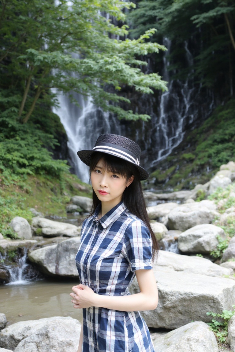 1girl, solo, long hair, looking at viewer, shirt, black hair, hat, dress, short sleeves, outdoors, day, striped, water, black eyes, tree, plaid, realistic, plaid shirt, photo background, plaid dress