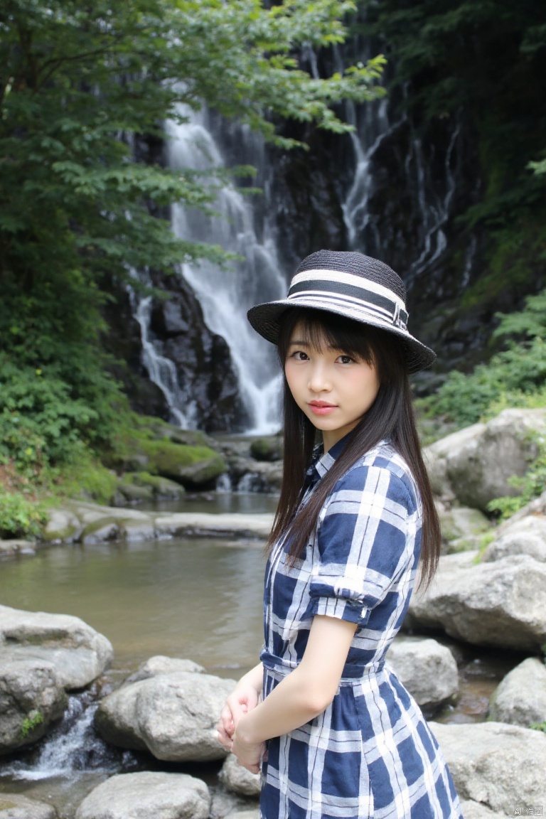 1girl, solo, long hair, looking at viewer, shirt, black hair, hat, dress, short sleeves, outdoors, day, striped, water, black eyes, tree, plaid, realistic, plaid shirt, photo background, plaid dress
