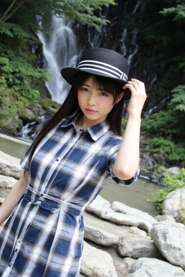 1girl, solo, long hair, looking at viewer, shirt, black hair, hat, dress, short sleeves, outdoors, day, striped, water, black eyes, tree, plaid, realistic, plaid shirt, photo background, plaid dress