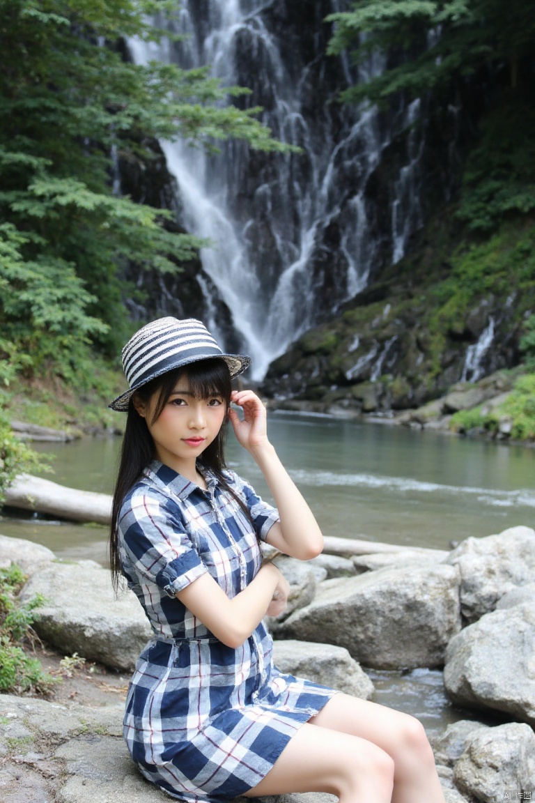 1girl, solo, long hair, looking at viewer, shirt, black hair, hat, dress, short sleeves, outdoors, day, striped, water, black eyes, tree, plaid, realistic, plaid shirt, photo background, plaid dress