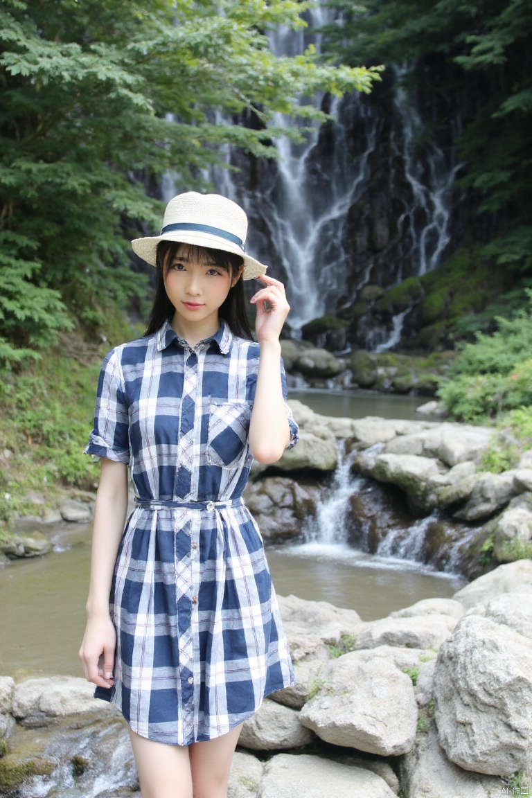 1girl, solo, long hair, looking at viewer, shirt, black hair, hat, dress, short sleeves, outdoors, day, striped, water, black eyes, tree, plaid, realistic, plaid shirt, photo background, plaid dress