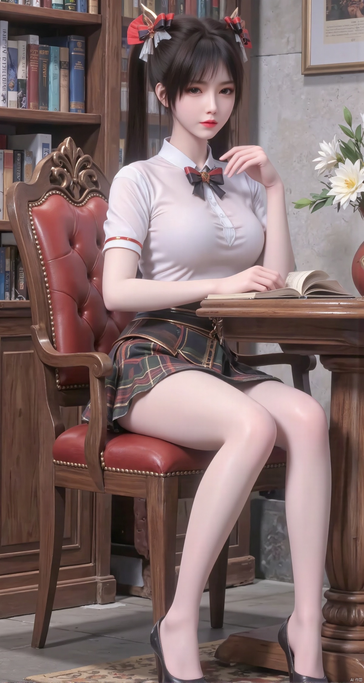 Realistic photo, 1girl, ponytail, fair skin, big breasts, school uniform, plaid skirt, shiny pantyhose, long legs, high heels, full body, large luxury library, sitting at reading table,
