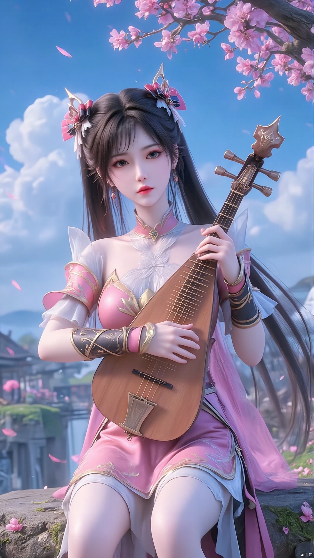 In the vast dreamlike fairyland, a fairy with graceful figure and short black hair sat quietly on the fairy stone in the distance. In her arms she held the pipa, a simple yet extremely gorgeous Chinese musical instrument. The fairy is dressed in a gauze white dress, and her clothes are fluttering gently in the wind, as if she is surrounded by the spirit of a fairy. The corners of her clothes are also embroidered with lively flowers and flying butterfly shadows, as if she will break out of her clothes at any time and fly to this vast fairyland. She has a beautiful face, her skin is as good as snow, her eyebrows are as dark as afar, and her eyes seem to be filled with bright stars. She stared intently at the Yao Qin in front of her, her slender fingers gently resting on the strings. With your fingertips, the fairy music curls up, sometimes like a gurgling stream in the valley, crisp and sweet; sometimes like the breeze blowing through the bamboo forest, quiet and gentle; sometimes like the roar of cranes in the sky, ethereal and distant, the beautiful music seems to penetrate the clouds and mist , reaching every corner of the fairy world.
 
There are clouds and mist all around. The clouds and mist are not ordinary mist, but like pieces of flowing fairy clouds, white and flawless, and filled with wisps of auspicious light. In the clouds and mist, you can faintly see exotic flowers and plants swaying in the wind, and there seems to be a shimmering light on the petals, like dots of stars. In the distance, the fairy mountains stand majestic, with waterfalls and springs pouring down from the mountains. The splashing water turns into a colorful halo under the sunlight, which is so beautiful. There are also the flying cranes, soaring in groups among the clouds and mist, occasionally emitting a few clear cries, adding a bit of emptiness and elegance to this fairyland.
 
In this picturesque scenery full of fairy charm, the fairy plays the fairy harp intoxicatedly, as if integrated with the beauty of the fairy world, together forming a fascinating and breathtaking picture.