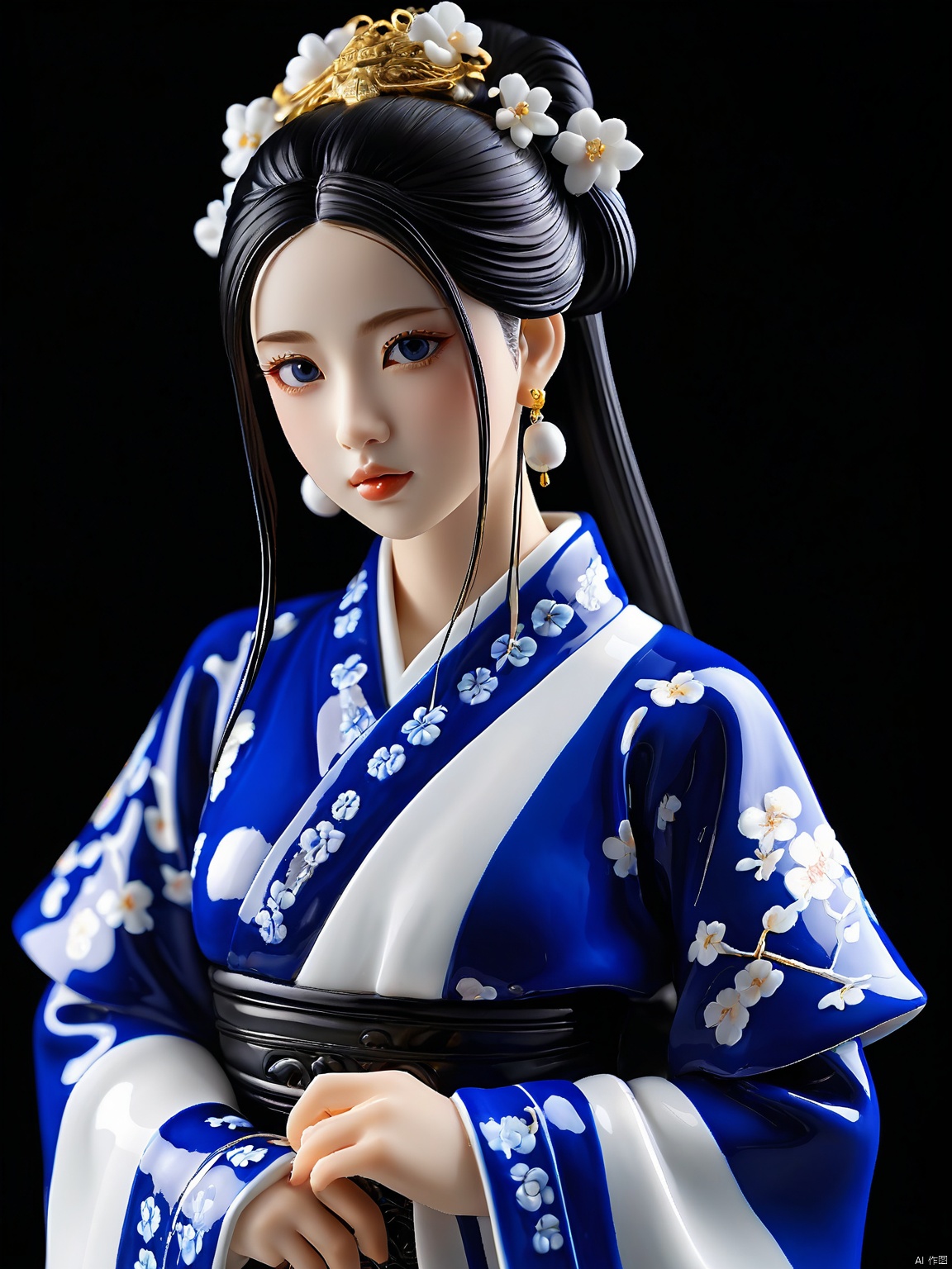 wallpaper 8K,China-chic style,black backgroud,girl,extremely detailed eyes,beautiful face,Hanfu,(masterpiece),(highest quality),Anime,(extremely detailed),figurine,(a glazed girl:1.1),glazed girl,real,(whole body:1.3),standing,(wearing blue and white porcelain clothes:1.3),