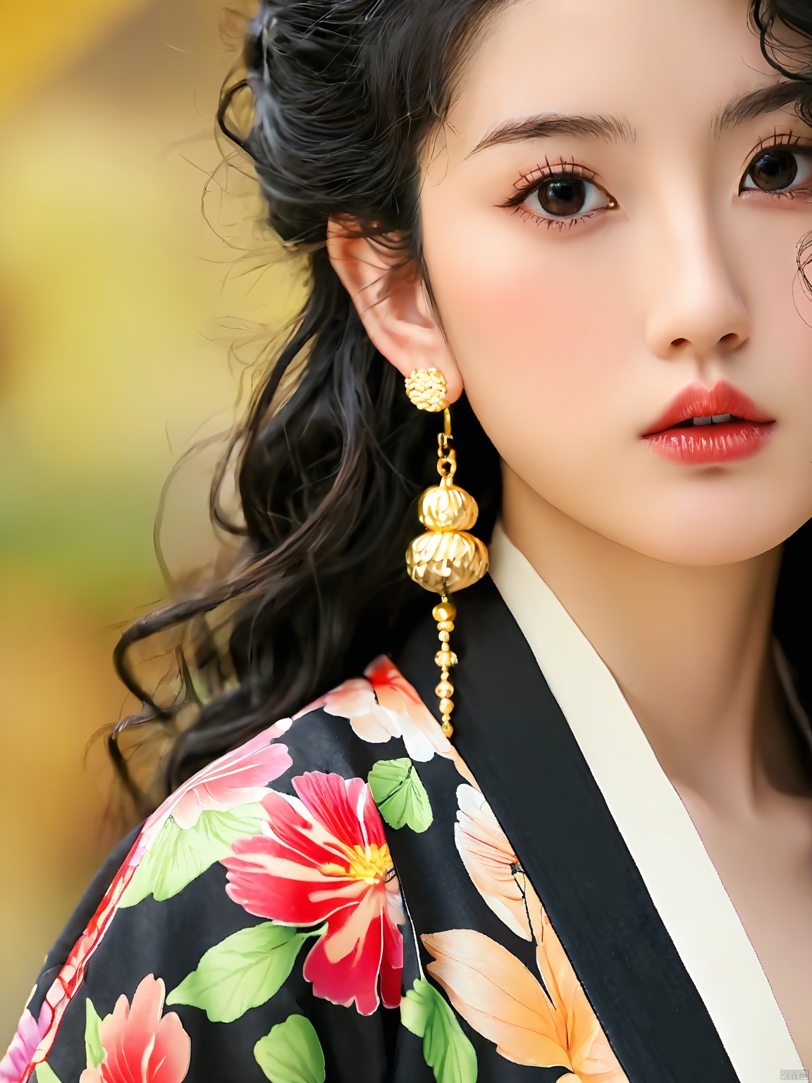 1girl,solo,earrings,jewelry,black hair,mole,looking at viewer,lips,long hair,realistic,curly hair,floral print,blurry,black eyes,upper body,japanese clothes,mole under mouth,