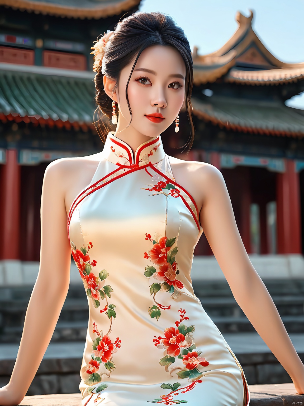 Exquisite Chinese girl, top-quality imagery, ultra-detailed rendering, photo-realistic quality, cinematic lighting, wearing a traditional cheongsam, showcasing her graceful upper body, authentic skin texture, set against a backdrop of an ancient temple.