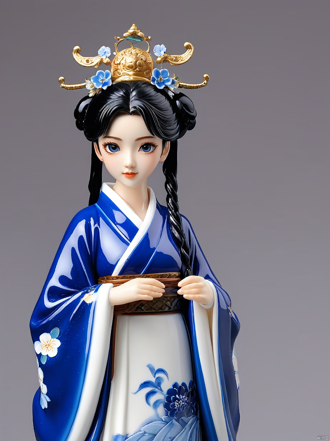 wallpaper 8K,China-chic style,black backgroud,girl,extremely detailed eyes,beautiful face,Hanfu,(masterpiece),(highest quality),Anime,(extremely detailed),figurine,(a glazed girl:1.1),glazed girl,real,(whole body:1.3),standing,(wearing blue and white porcelain clothes:1.3),