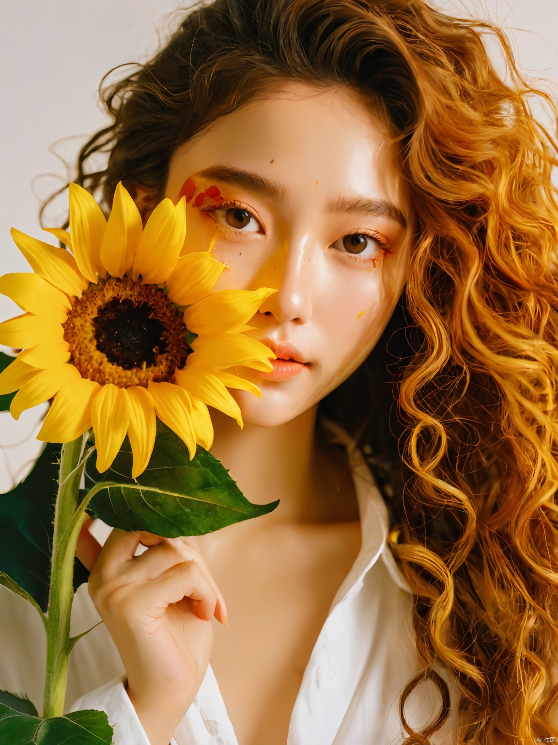 Realistic,1 girl,painted with artistic makeup,The skin has a little blemish,white shirt,long curly hair,good-looking facial features,holding a sunflower in her hand,the sunflower covering half of the girl's face,upper body,solid color background,mood lighting,Shot on 35mm,F/2.8,