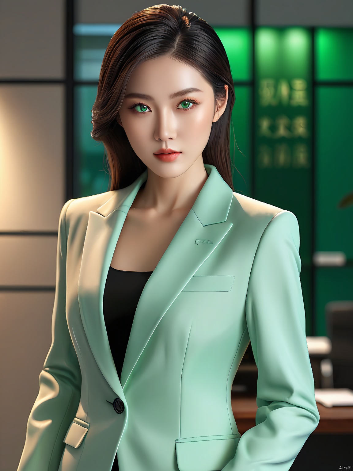 A stunning Chinese girl, ultra-detailed rendering, realistic lighting, wearing a classic tailored suit, posing in a modern office setting, her authentic skin texture and water green eyes making her stand out.