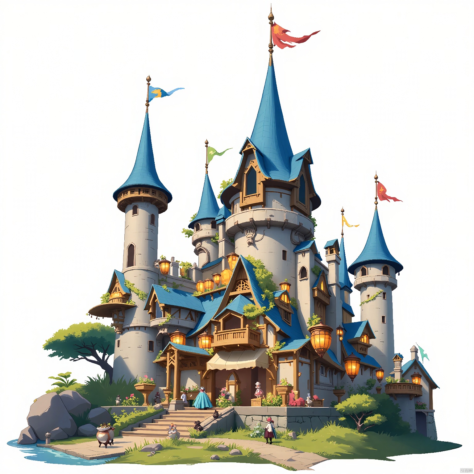 DTJZ, Game single entity, High-resolution illustration of a whimsical fairy-tale castle with towering turrets and colorful banners fluttering in the wind. The castle is adorned with ivy and glowing lanterns. The foreground features cobblestone pathways and enchanted flora. The background is a plain white canvas, allowing the castle's fantasy elements to shine. The composition employs depth and perspective, underscoring the fortress's magical aura. The lighting is warm and magical, evoking a sense of wonder. The artwork possesses a dreamlike quality.