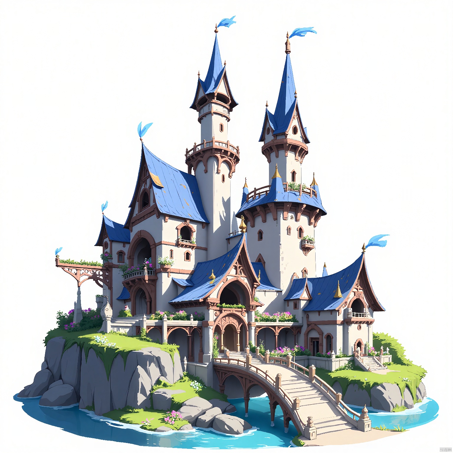 DTJZ, Game individual building, A meticulously crafted digital illustration of a fairy-tale castle with towering turrets and magical gardens. The castle boasts grand halls and enchanted chambers, with a drawbridge spanning a moat. The foreground showcases whimsical creatures and colorful flowers. The background is a pristine white, drawing focus to the castle's enchanting charm. The composition uses curves and organic shapes, emphasizing the structure's fairy-tale quality. The lighting is soft and magical, adding to the castle's dreamlike ambiance. The image is a feast for the imagination.