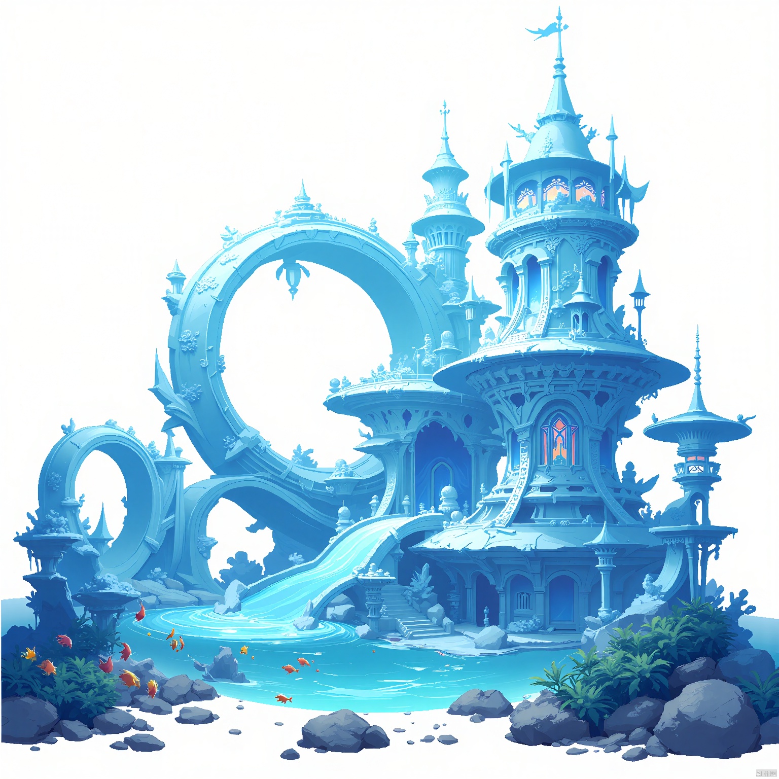 DTJZ, Game standalone structure, Stunning digital depiction of an underwater palace made of coral and pearls, with luminescent accents illuminating the depths. The palace features grand archways and intricate carvings. The foreground showcases a bed of seaweed and colorful fish. The background is a pure white void, emphasizing the palace's otherworldly beauty. The composition utilizes curves and organic shapes, underscoring its marine origins. The lighting is soft and ethereal, creating a mesmerizing underwater ambiance. The artwork exudes a mystical underwater charm.