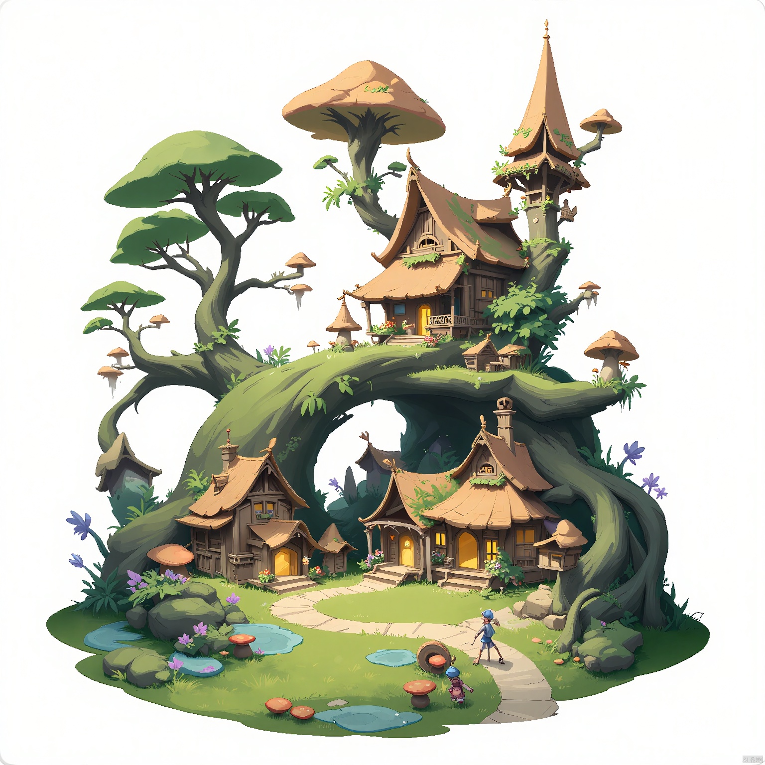 DTJZ, Game individual building, A high-quality digital depiction of a whimsical fairy village with tiny cottages and enchanted gardens. The village features grand trees with houses built into their trunks, and glowing mushrooms illuminating the pathways. The foreground showcases tiny fairy creatures and vibrant flora. The background is a pristine white, drawing focus to the village's fairy-tale beauty. The composition uses curves and organic shapes, emphasizing the structure's whimsical charm. The lighting is soft and magical, adding to the village's dreamlike ambiance. The image is a delightful escape into a world of fantasy.
