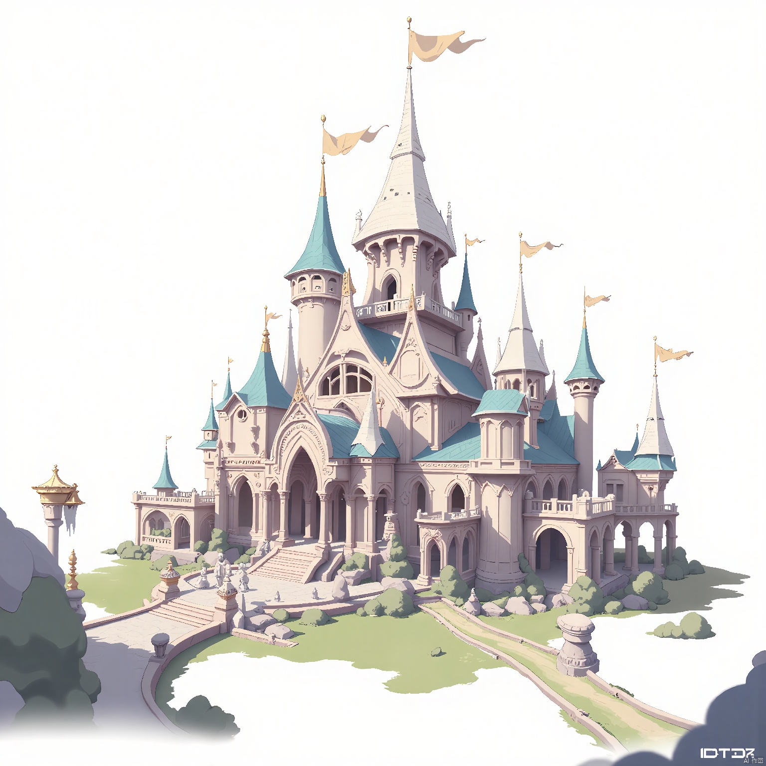 DTJZ, Game individual building, A meticulously crafted digital illustration of a fairy-tale castle, with towering turrets and enchanted gardens. The castle is surrounded by a protective moat and drawbridge. The foreground showcases a cobblestone courtyard and whimsical statues. The background is a seamless white field, making the castle's magical design pop. The composition integrates curved lines and organic shapes, enhancing the enchanting ambiance. The lighting is dreamy and ethereal, casting a magical glow. The image has a captivating aesthetic appeal.
