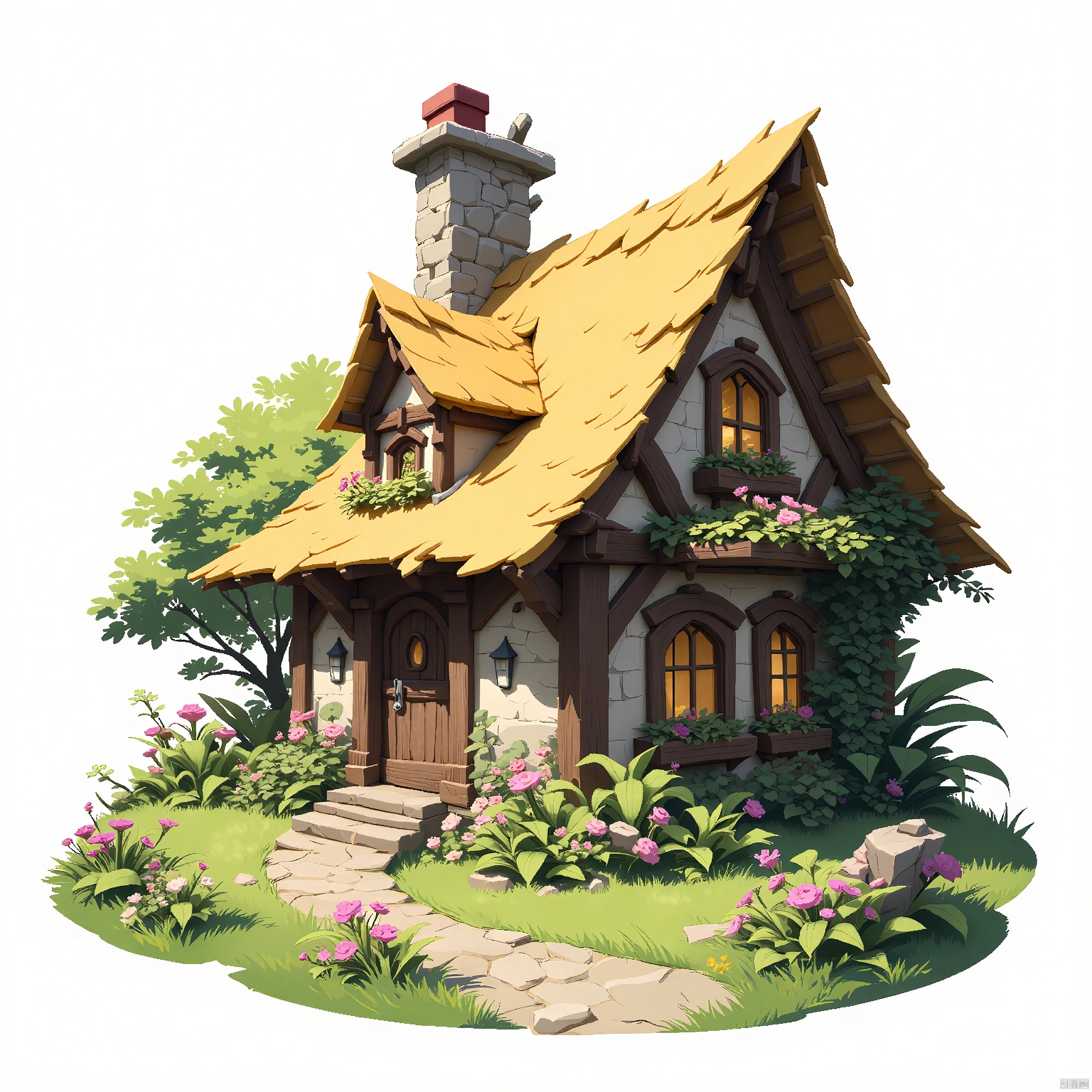DTJZ, Game isolated structure, Detailed digital rendering of a mystical fairy-tale cottage, with thatched roof and cobblestone walls. The cottage is surrounded by enchanted gardens. The foreground includes a winding stone path and blooming flowers. The background is a plain white surface, emphasizing the cottage's whimsical charm. The composition uses curves and organic shapes, underscoring its fairy-tale origins. The lighting is soft and magical, creating a sense of wonder. The image possesses a dreamlike quality.
