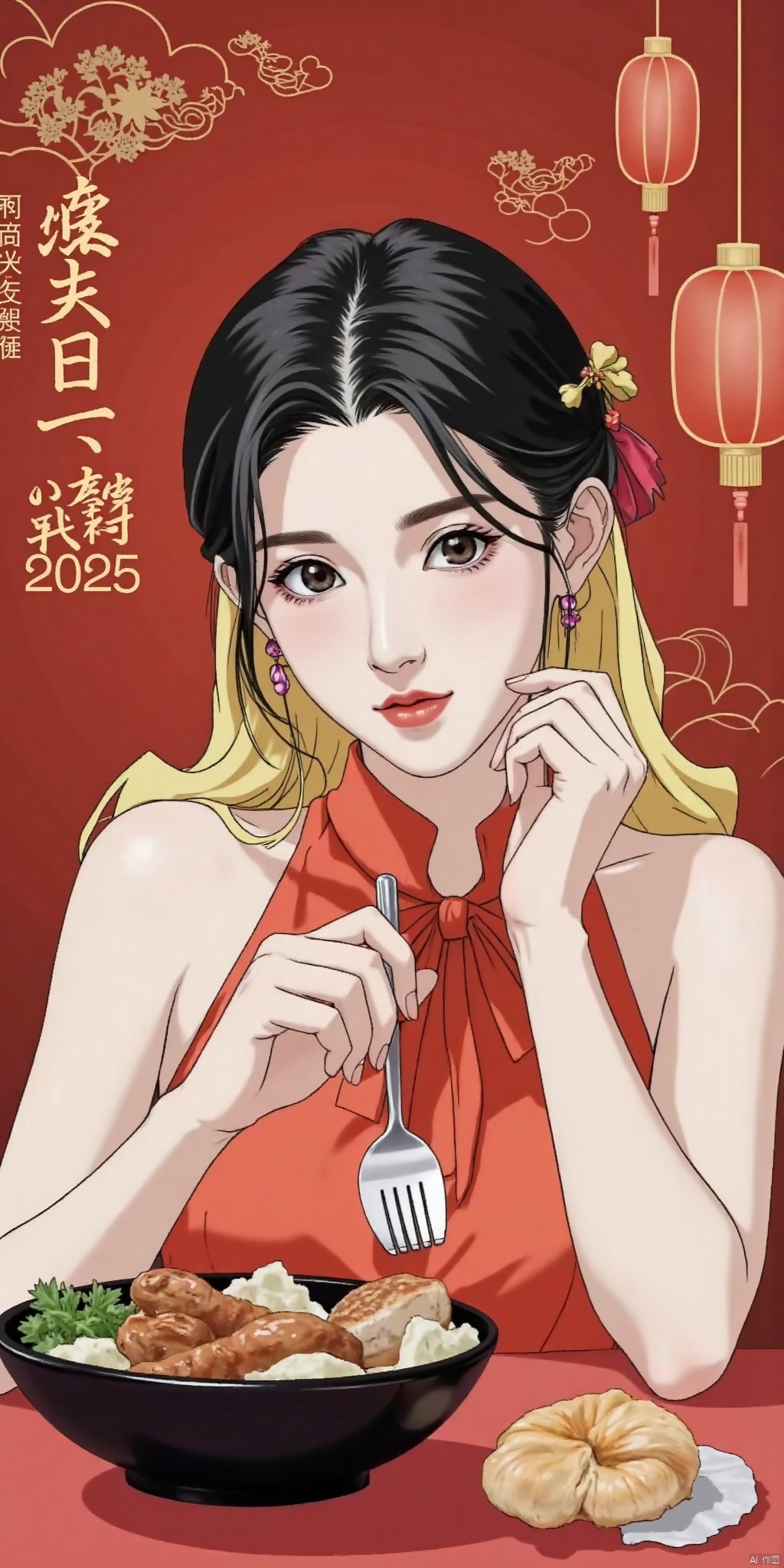 1. Girl: The central figure in the painting is a young girl.2. Blonde Hair: The girl has black hair.3. Red Dress: She is wearing a festive red dress.4. Hair Accessories: The girl is adorned with hair accessories.5. Earrings: She is wearing earrings.6. New Year's Eve Dinner: The theme of the painting revolves around the New Year's Eve dinner, depicting a warm family reunion scene.7. Red Background: The background primarily uses red to create a festive atmosphere.8. 2025: The painting includes the year "2025" to highlight the theme of the New Year.9. Family Reunion: The scene may depict a family gathered together enjoying the New Year's Eve dinner.10. Traditional Elements: It may incorporate traditional Chinese cultural elements, such as couplets and lanterns, to enhance the festive mood.11. Festive Decorations: The background may feature auspicious cloud patterns and golden border decorations to add to the celebratory feel.12. Red Lanterns: The background may be decorated with red lanterns to further emphasize the Spring Festival atmosphere.13. Simple and Elegant Font: If there is text included in the painting, the font design is likely to be simple and elegant, coordinating with the overall style.