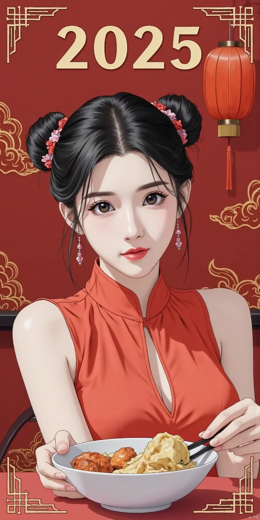 1. Girl: The central figure in the painting is a young girl.2. Blonde Hair: The girl has black hair.3. Red Dress: She is wearing a festive red dress.4. Hair Accessories: The girl is adorned with hair accessories.5. Earrings: She is wearing earrings.6. New Year's Eve Dinner: The theme of the painting revolves around the New Year's Eve dinner, depicting a warm family reunion scene.7. Red Background: The background primarily uses red to create a festive atmosphere.8. 2025: The painting includes the year "2025" to highlight the theme of the New Year.9. Family Reunion: The scene may depict a family gathered together enjoying the New Year's Eve dinner.10. Traditional Elements: It may incorporate traditional Chinese cultural elements, such as couplets and lanterns, to enhance the festive mood.11. Festive Decorations: The background may feature auspicious cloud patterns and golden border decorations to add to the celebratory feel.12. Red Lanterns: The background may be decorated with red lanterns to further emphasize the Spring Festival atmosphere.13. Simple and Elegant Font: If there is text included in the painting, the font design is likely to be simple and elegant, coordinating with the overall style.