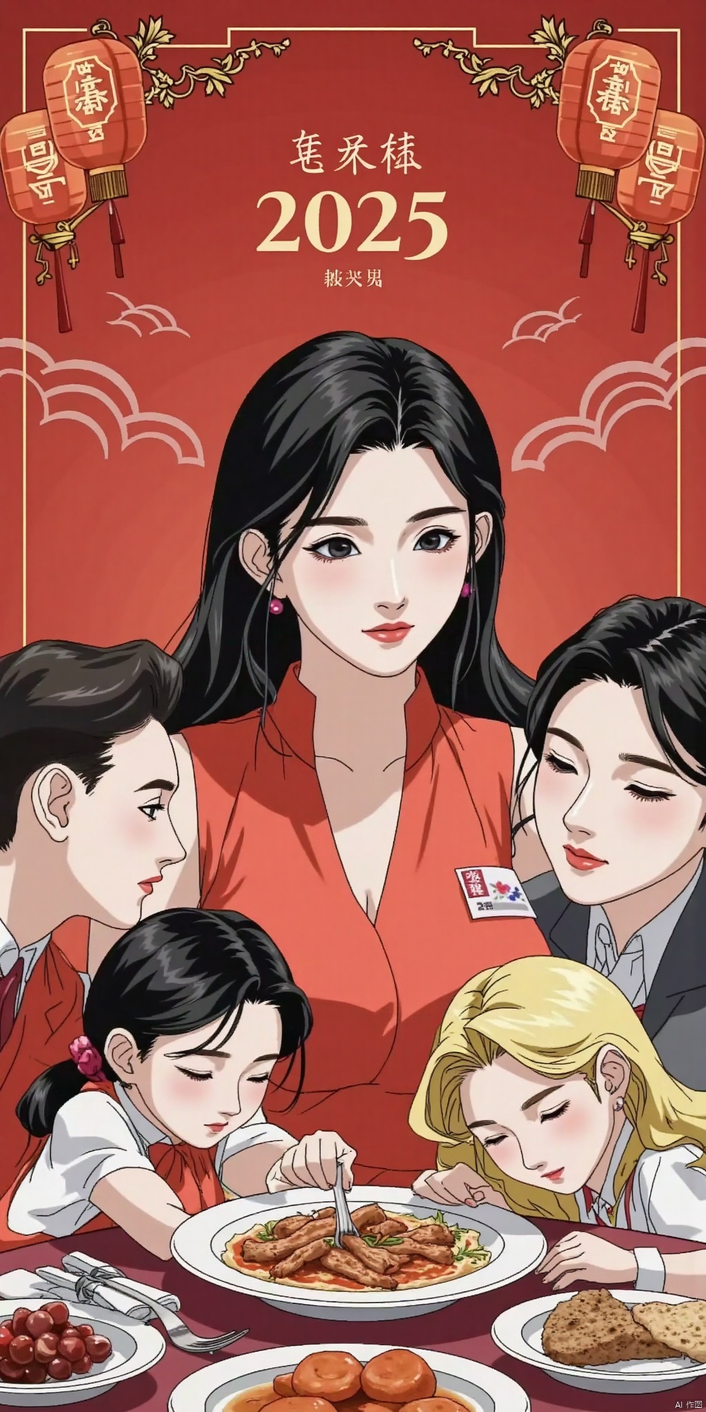 1. Girl: The central figure in the painting is a young girl.2. Blonde Hair: The girl has black hair.3. Red Dress: She is wearing a festive red dress.4. Hair Accessories: The girl is adorned with hair accessories.5. Earrings: She is wearing earrings.6. New Year's Eve Dinner: The theme of the painting revolves around the New Year's Eve dinner, depicting a warm family reunion scene.7. Red Background: The background primarily uses red to create a festive atmosphere.8. 2025: The painting includes the year "2025" to highlight the theme of the New Year.9. Family Reunion: The scene may depict a family gathered together enjoying the New Year's Eve dinner.10. Traditional Elements: It may incorporate traditional Chinese cultural elements, such as couplets and lanterns, to enhance the festive mood.11. Festive Decorations: The background may feature auspicious cloud patterns and golden border decorations to add to the celebratory feel.12. Red Lanterns: The background may be decorated with red lanterns to further emphasize the Spring Festival atmosphere.13. Simple and Elegant Font: If there is text included in the painting, the font design is likely to be simple and elegant, coordinating with the overall style.