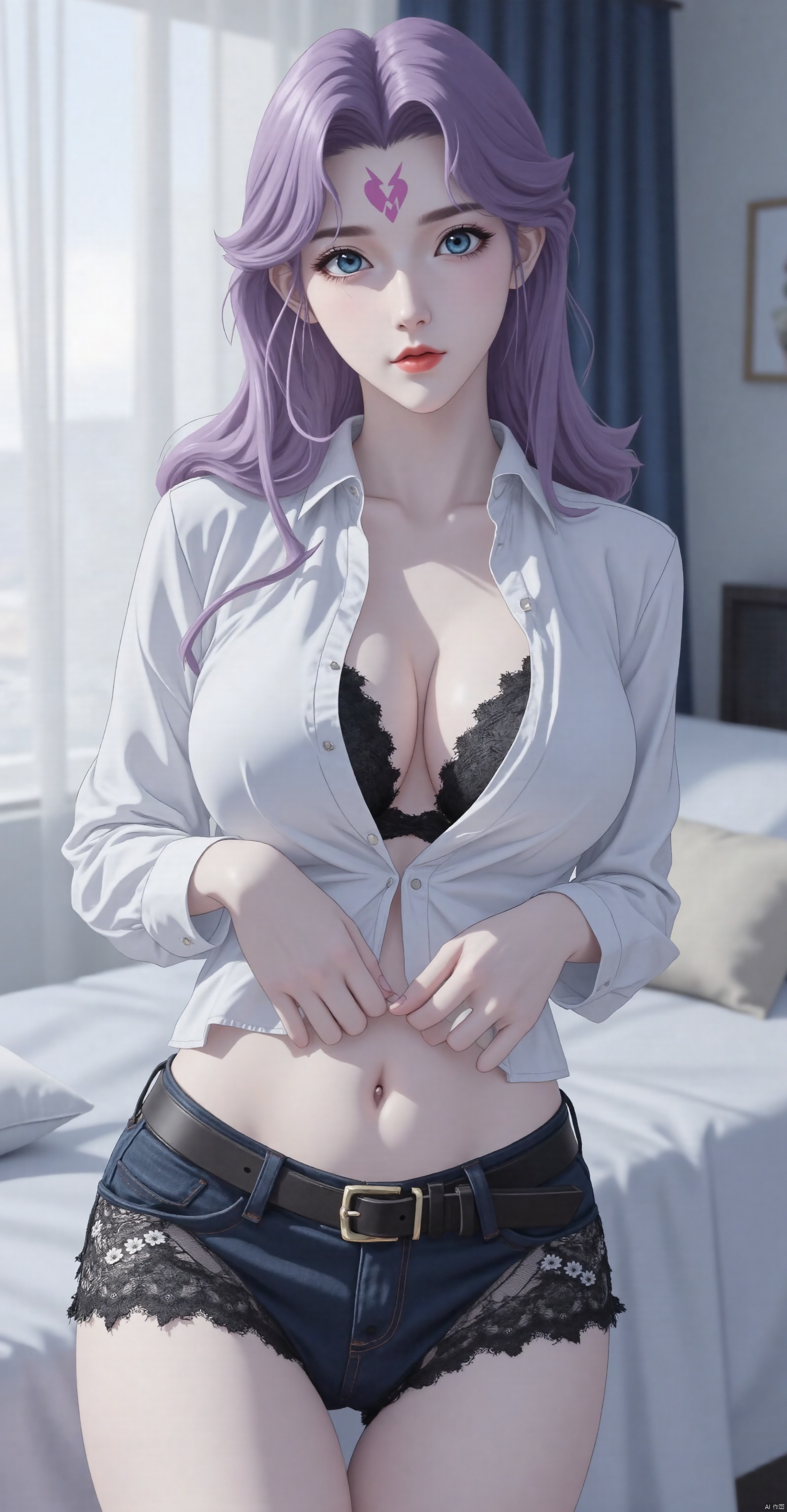 1girl,underwear,denim,solo,black panties,blurry,belt,navel,shirt,shorts,denim shorts,white shirt,blurry background,midriff,shirt lift,lace-trimmed panties,lace,jeans,lace trim,depth of field,mature,shiny_skin,purple hair,long hair,forehead_mark,lipgloss,eyeshadow,aqua eyes,bright_pupils,heart-shaped mouth,cowboy_shot,lotus,bedroom,indoor,bed,window_,pillow_hug,pillow,carpet,