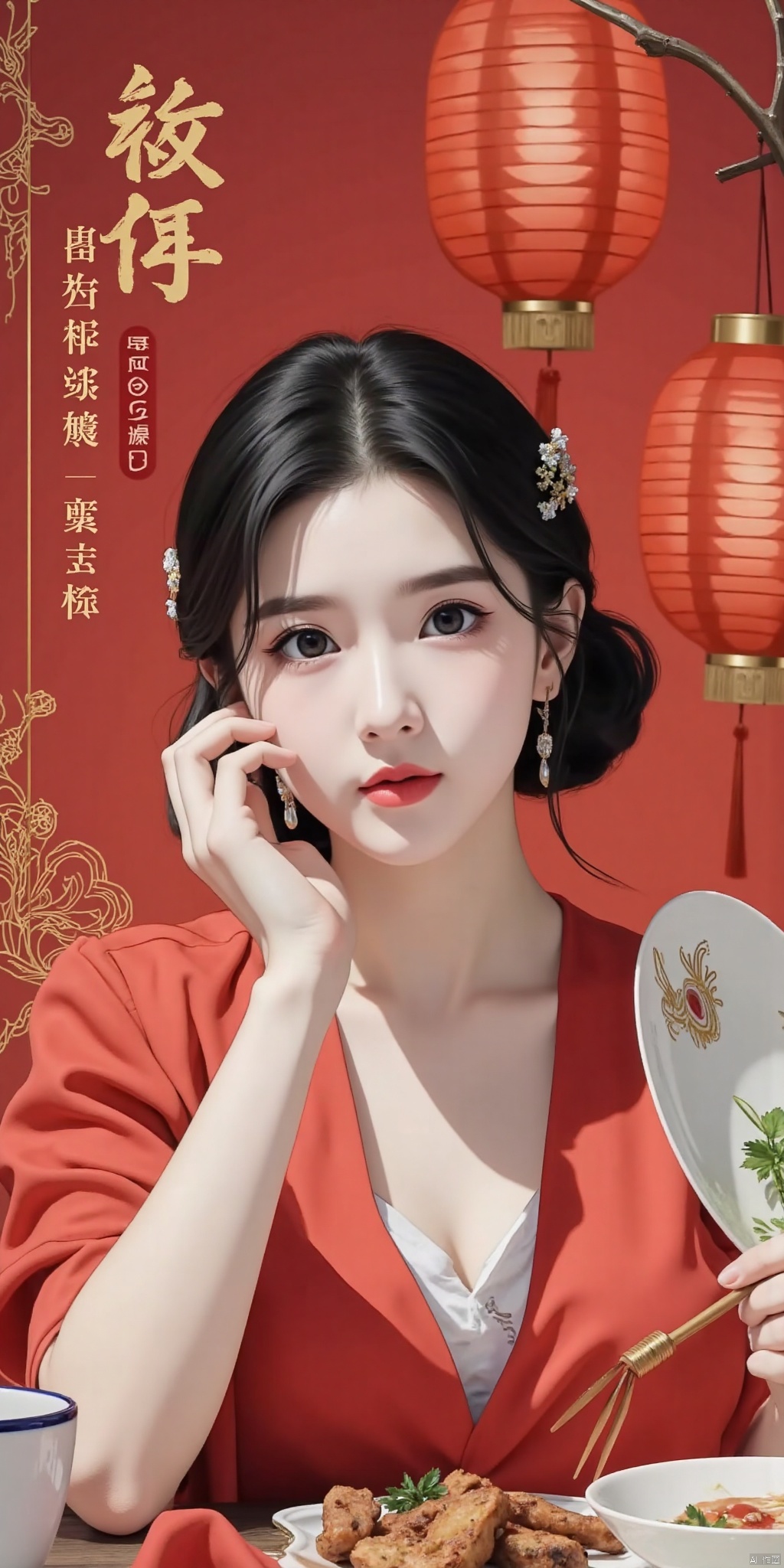 1. Girl: The central figure in the painting is a young girl.2. Blonde Hair: The girl has black hair.3. Red Dress: She is wearing a festive red dress.4. Hair Accessories: The girl is adorned with hair accessories.5. Earrings: She is wearing earrings.6. New Year's Eve Dinner: The theme of the painting revolves around the New Year's Eve dinner, depicting a warm family reunion scene.7. Red Background: The background primarily uses red to create a festive atmosphere.8. 2025: The painting includes the year "2025" to highlight the theme of the New Year.9. Family Reunion: The scene may depict a family gathered together enjoying the New Year's Eve dinner.10. Traditional Elements: It may incorporate traditional Chinese cultural elements, such as couplets and lanterns, to enhance the festive mood.11. Festive Decorations: The background may feature auspicious cloud patterns and golden border decorations to add to the celebratory feel.12. Red Lanterns: The background may be decorated with red lanterns to further emphasize the Spring Festival atmosphere.13. Simple and Elegant Font: If there is text included in the painting, the font design is likely to be simple and elegant, coordinating with the overall style.