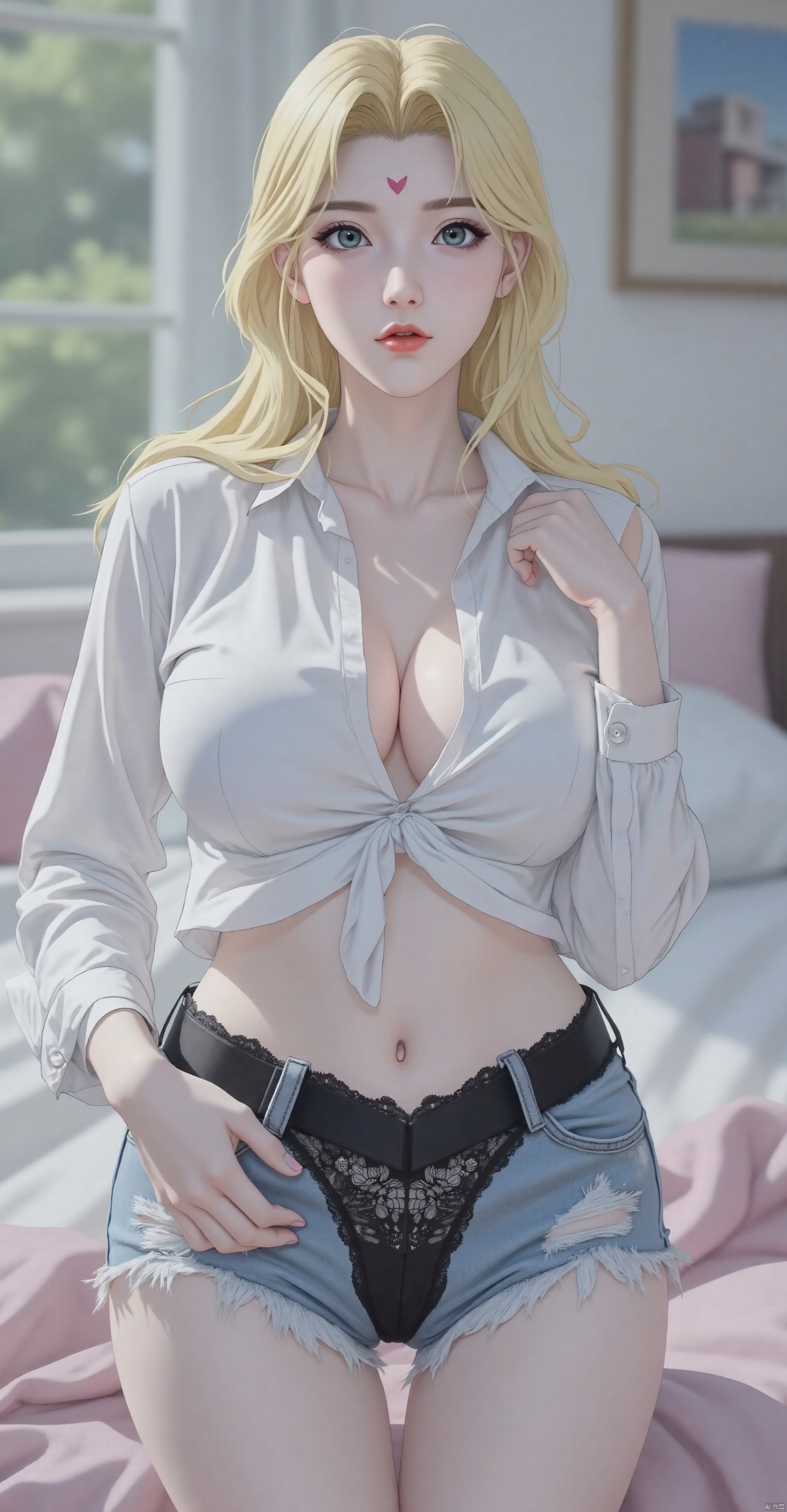 1girl,underwear,denim,solo,black panties,blurry,belt,navel,shirt,shorts,denim shorts,white shirt,blurry background,midriff,shirt lift,lace-trimmed panties,lace,jeans,lace trim,depth of field,mature,shiny_skin,long hair,forehead_mark,lipgloss,eyeshadow,aqua eyes,bright_pupils,heart-shaped mouth,cowboy_shot,lotus,bedroom,indoor,bed,window_,pillow_hug,pillow,carpet,yellow hair,