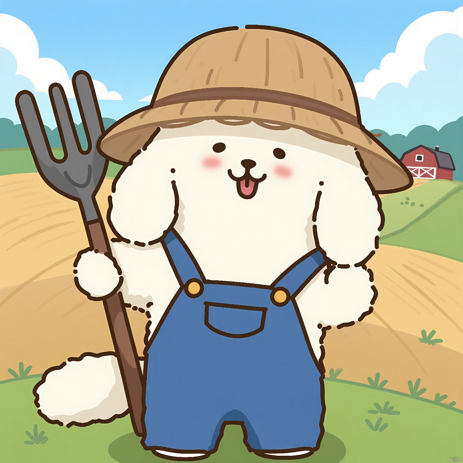 SDTX, Farmer avatar, depicting a white anthropomorphic poodle in overalls and straw hat, holding a pitchfork. The backdrop is a bucolic countryside, with rolling fields and a red barn.