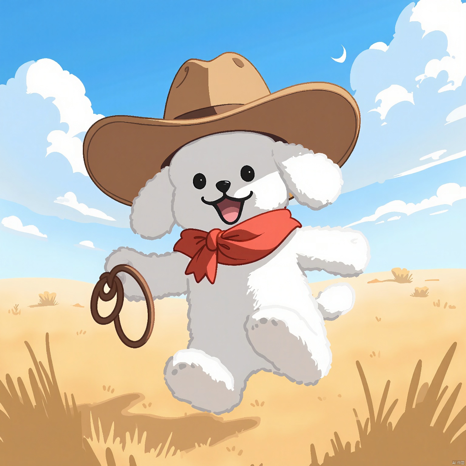SDTX, Cowboy avatar, with a white poodle wearing a cowboy hat and holding a lasso. The background is a wide-open prairie, under a big blue sky.