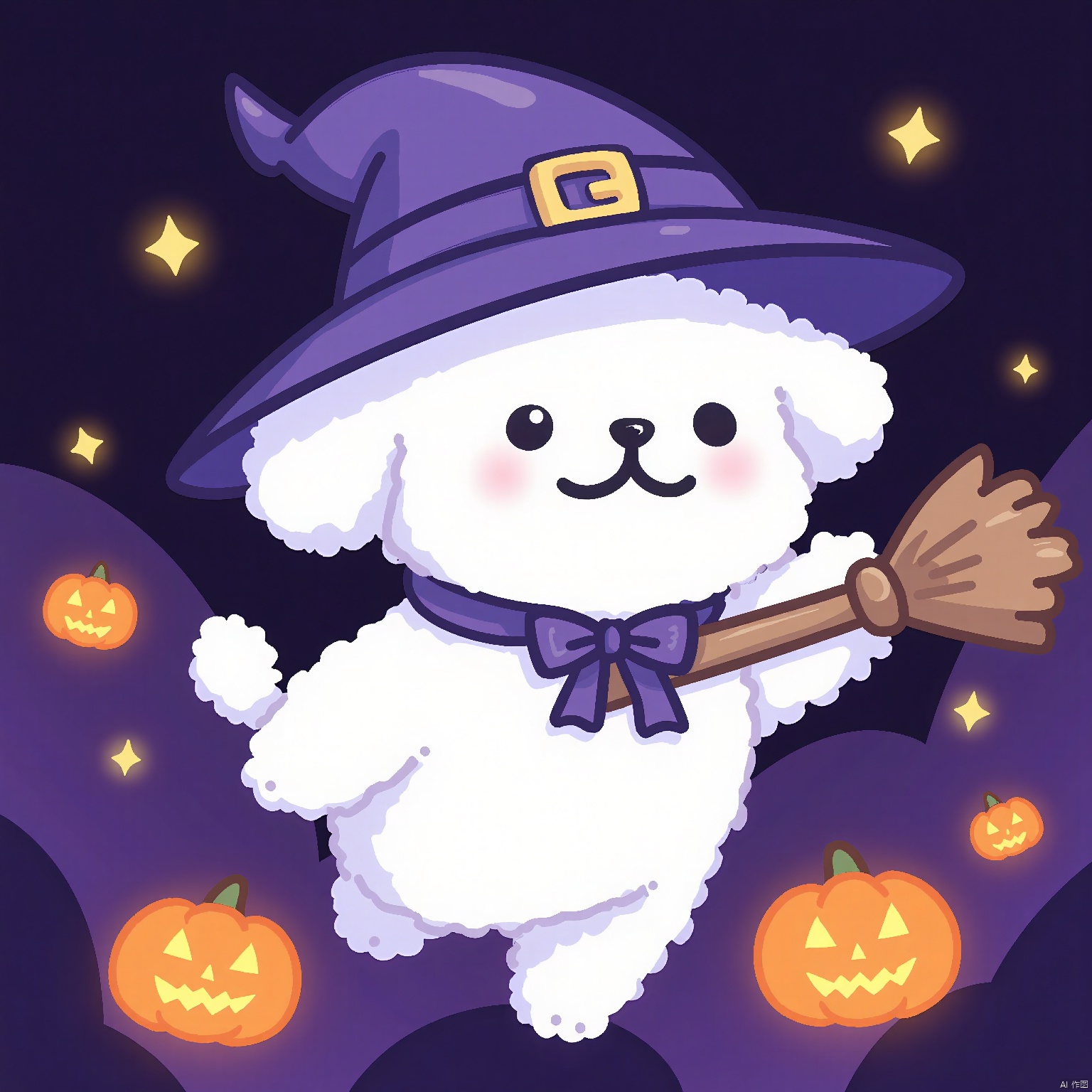 SDTX, Halloween avatar, showcasing a white anthropomorphic poodle in a witch's hat and broomstick, casting a spell. The backdrop is a dark purple, dotted with glowing jack-o'-lanterns.