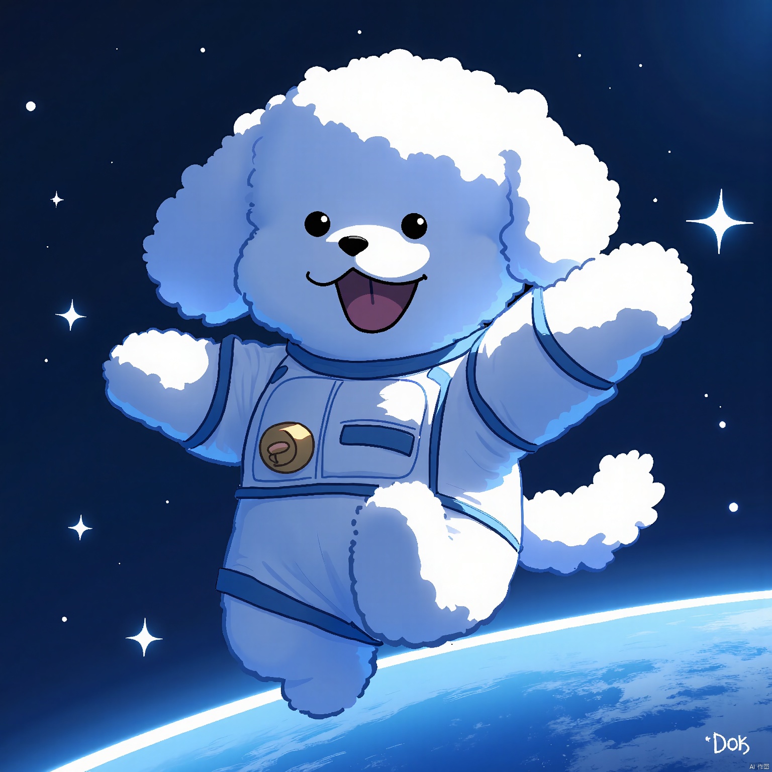 SDTX, Space avatar, with a white anthropomorphic poodle in an astronaut suit, floating in space. The backdrop is a starry night sky, filled with cosmic wonders.