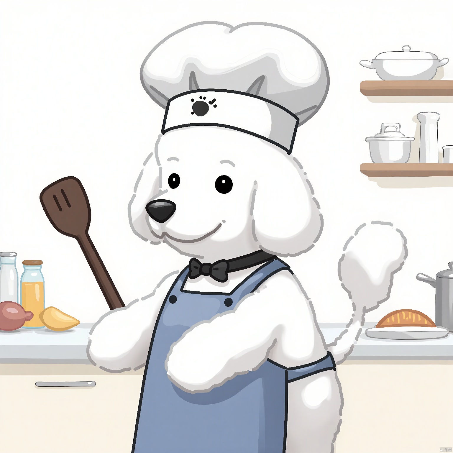 SDTX, Chef avatar, featuring a white anthropomorphic poodle in a chef's hat and apron, holding a spatula. The backdrop is a clean, white kitchen.